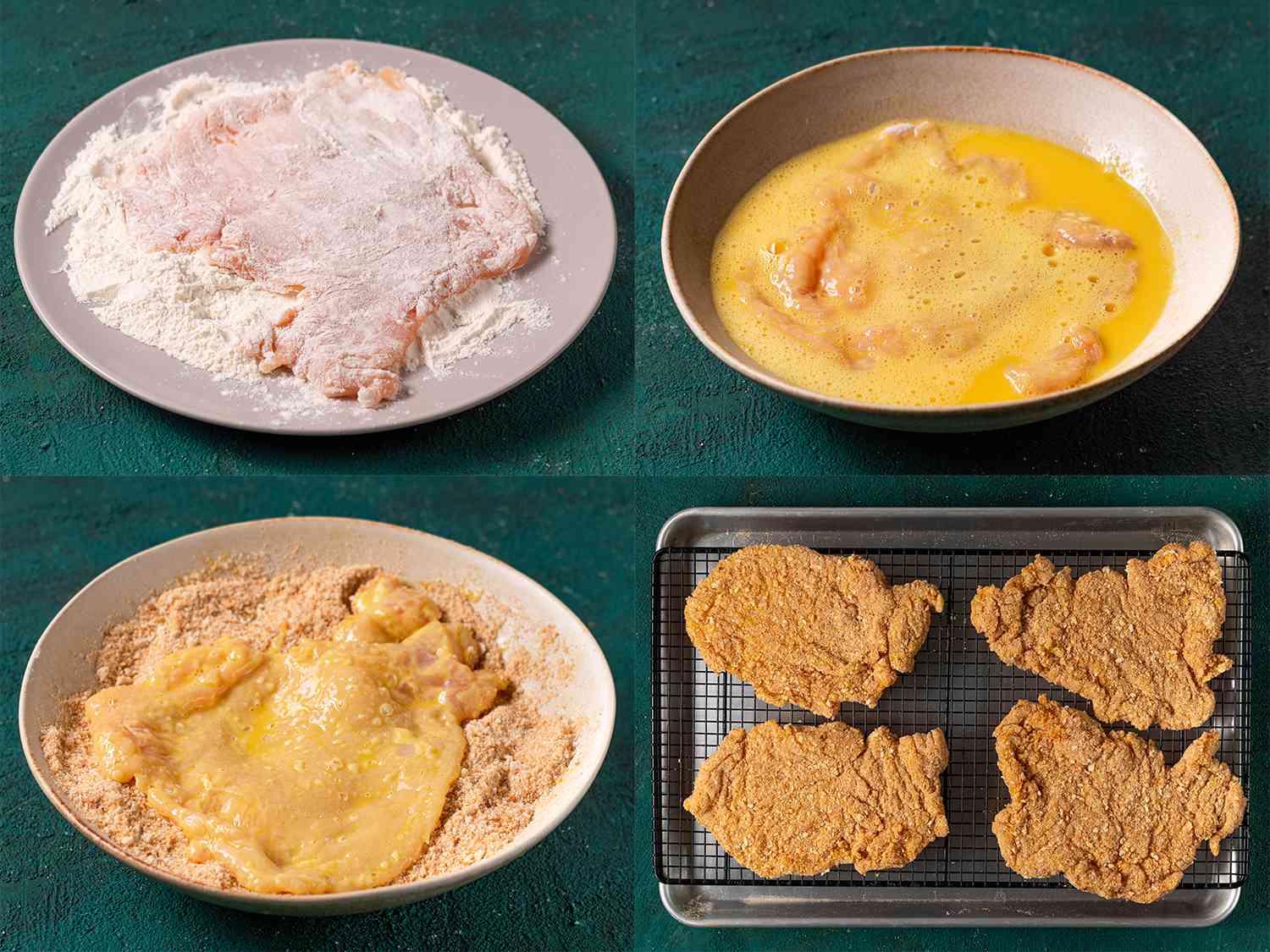 A horizontal, four-image collage showing the steps required to bread the chicken. The top left photo shows the pounded chicken cutlets dredged in flour. The top right image shows the dredged chicken cutlet being submerged in beaten eggs in a shallow bowl. The bottom left image shows a dredged-and-egg-coated cutlet in a shallow bowl of fine breadcrumbs. The bottom right image shows four chicken cutlets which have been dredged, dipped in egg, and then dipped in breadcrumbs, resting on a wire rack set inside of a quarter sheet pan.