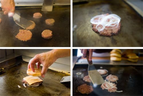 Collage of sliders being griddled and assembled at the White Rose System Diner (Linden, NJ).