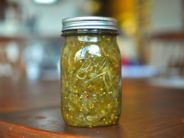 A jar of sweet and spicy pickle relish. 