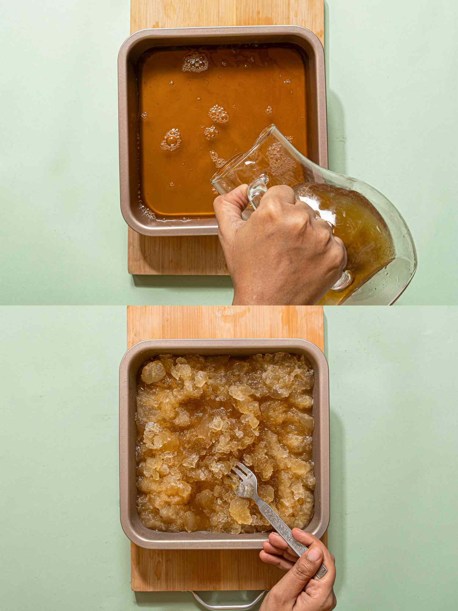 Steps showing Moroccan Mint Tea Granita being prepared, including pouring liquid and scraping with a fork
