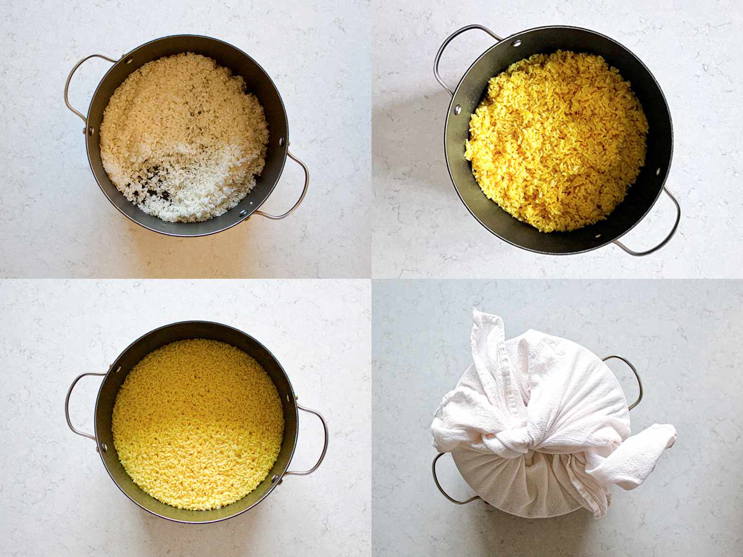 Four image collage of rice being made