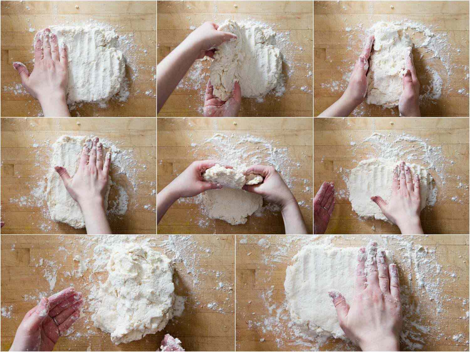 A 8-image collage illustrating stages of patting out and folding yogurt biscuit dough into a rectangle of about 1/4 inch thickness.