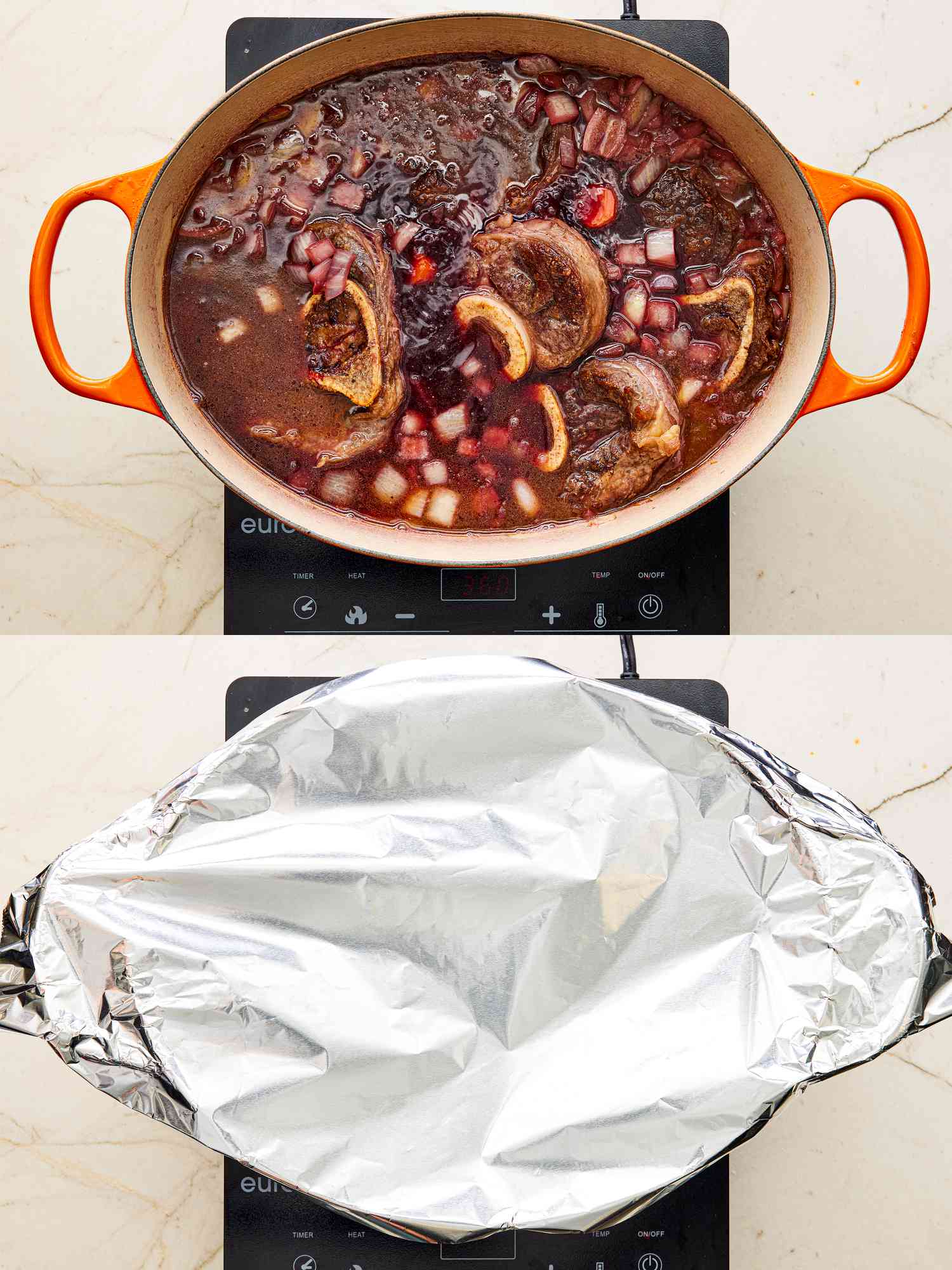 Two image collage of short ribs added to pot and covered with aluminum foil