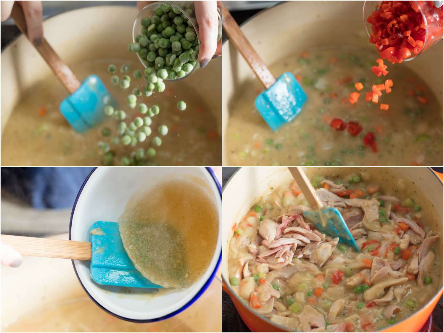 A 4-image collage: adding frozen peas, pigmentos, gelatin and shredded chicken into the filling for chicken pot pie. 