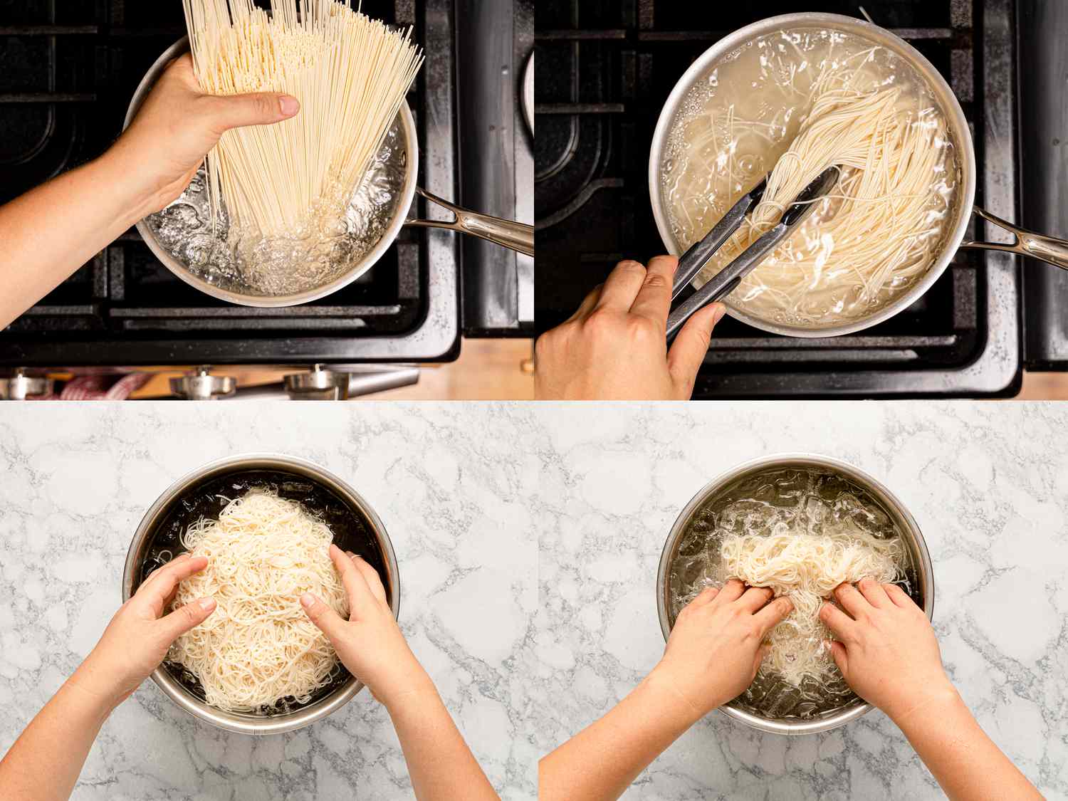 Four image collage of cooking noodles and swishing them in ice bath