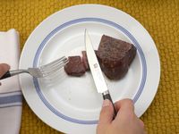 a person holding the zwilling porterhouse steak knife