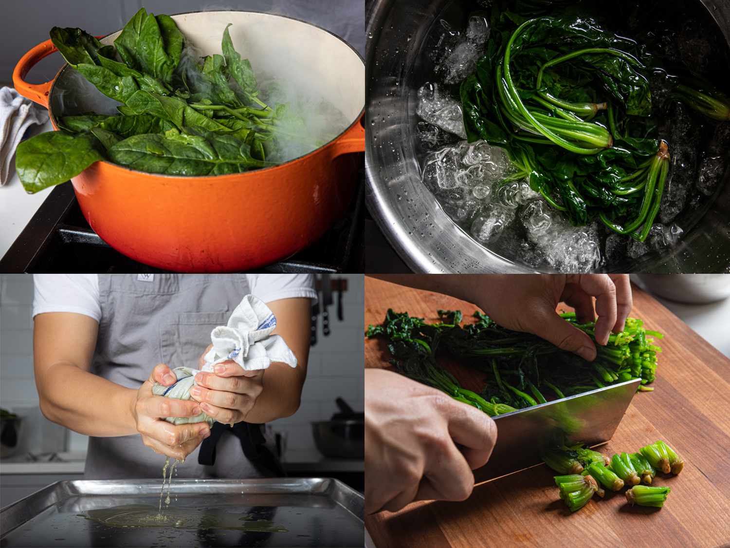 Four Image Collage. Top Left: Spinach being put into a dutch oven with boiling water. Top Right: Spinach being blanched in an ice bath. Bottom left: Hands wringing towel wrapped spinach to remove the water. Bottom Right: Cutting off ends of spinach