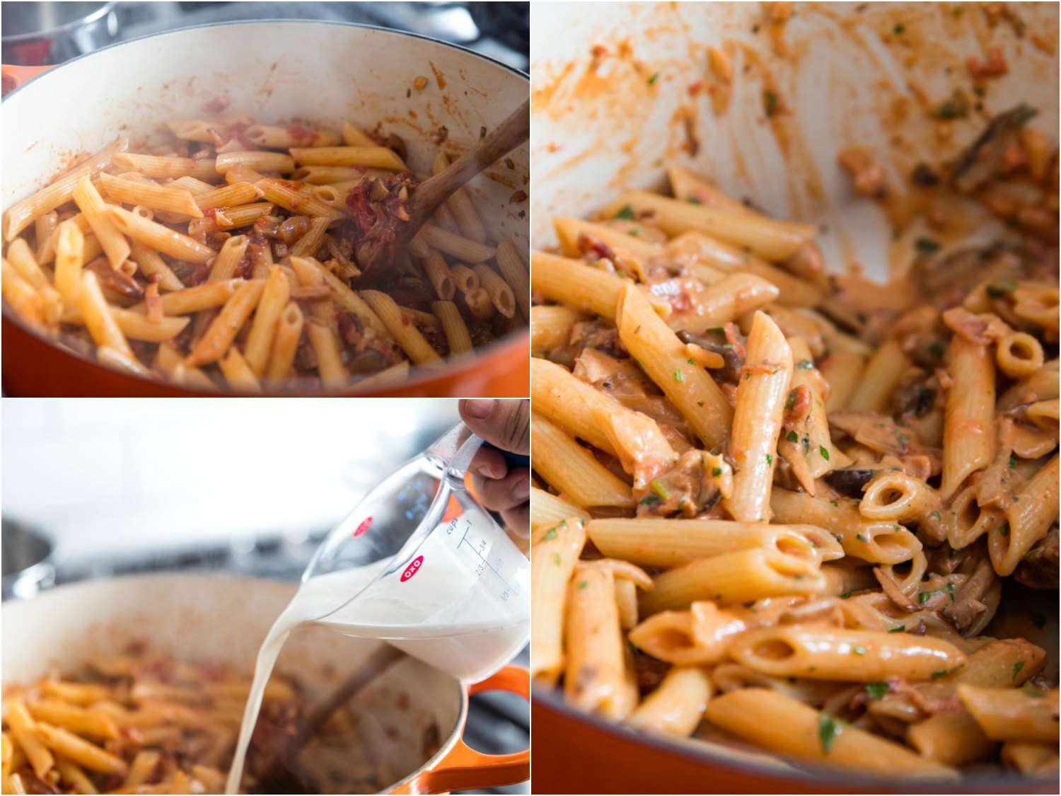 Collage showing penne being stirred into the mushroom-bacon sauce. Cream is stirred in next, then minced parsley and cheese.