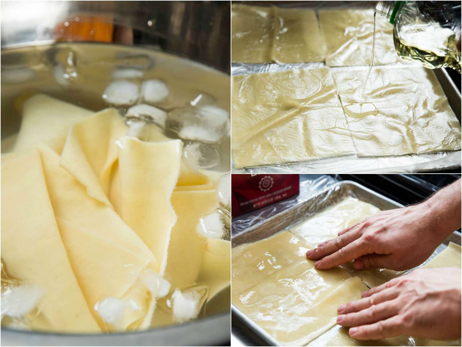 Photo collage of cooking and chilling lasagna noodles.