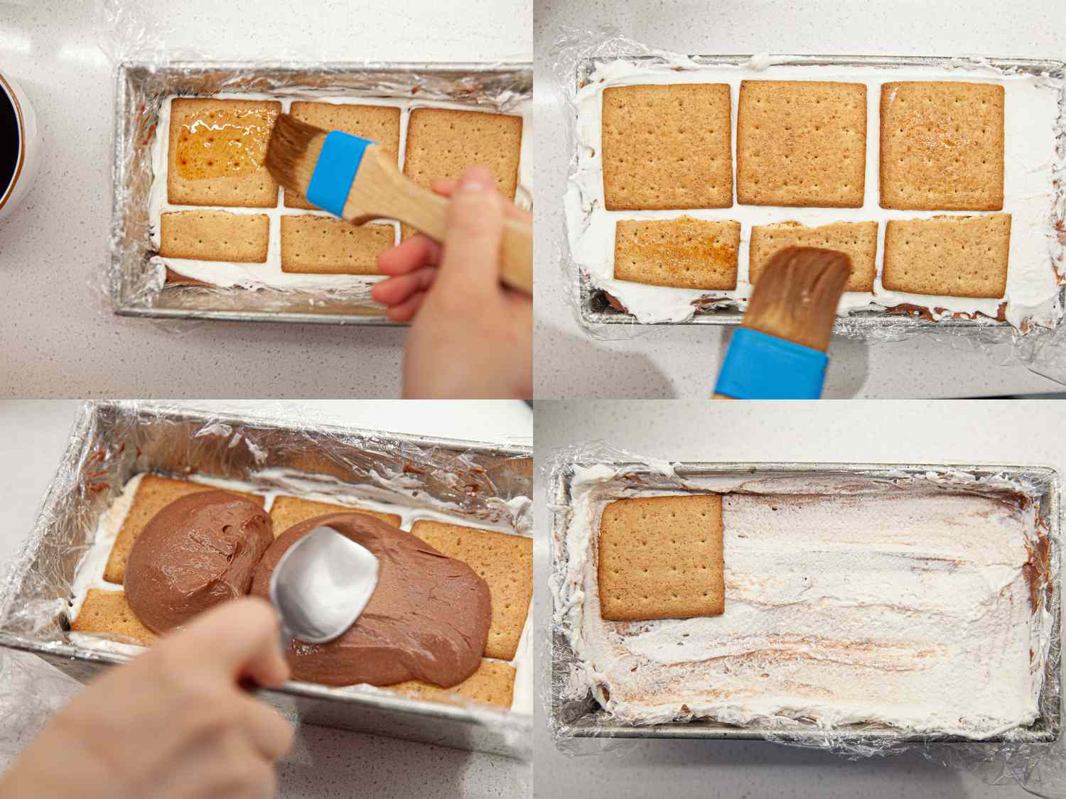 Four image collage of assembling cake