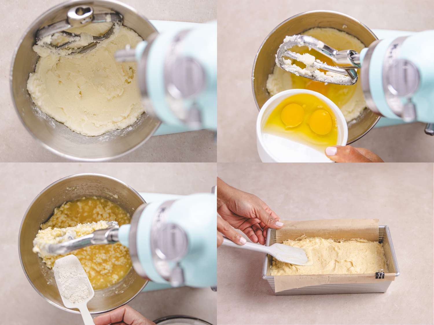 4 image collage. Top left: Beating butter and sugar in stand mixer. Top right: adding eggs to stand mixer. Bottom Left: Adding dry ingredients to mix in stand mixer. Bottom Right: Spreading batter into prepared cake pan