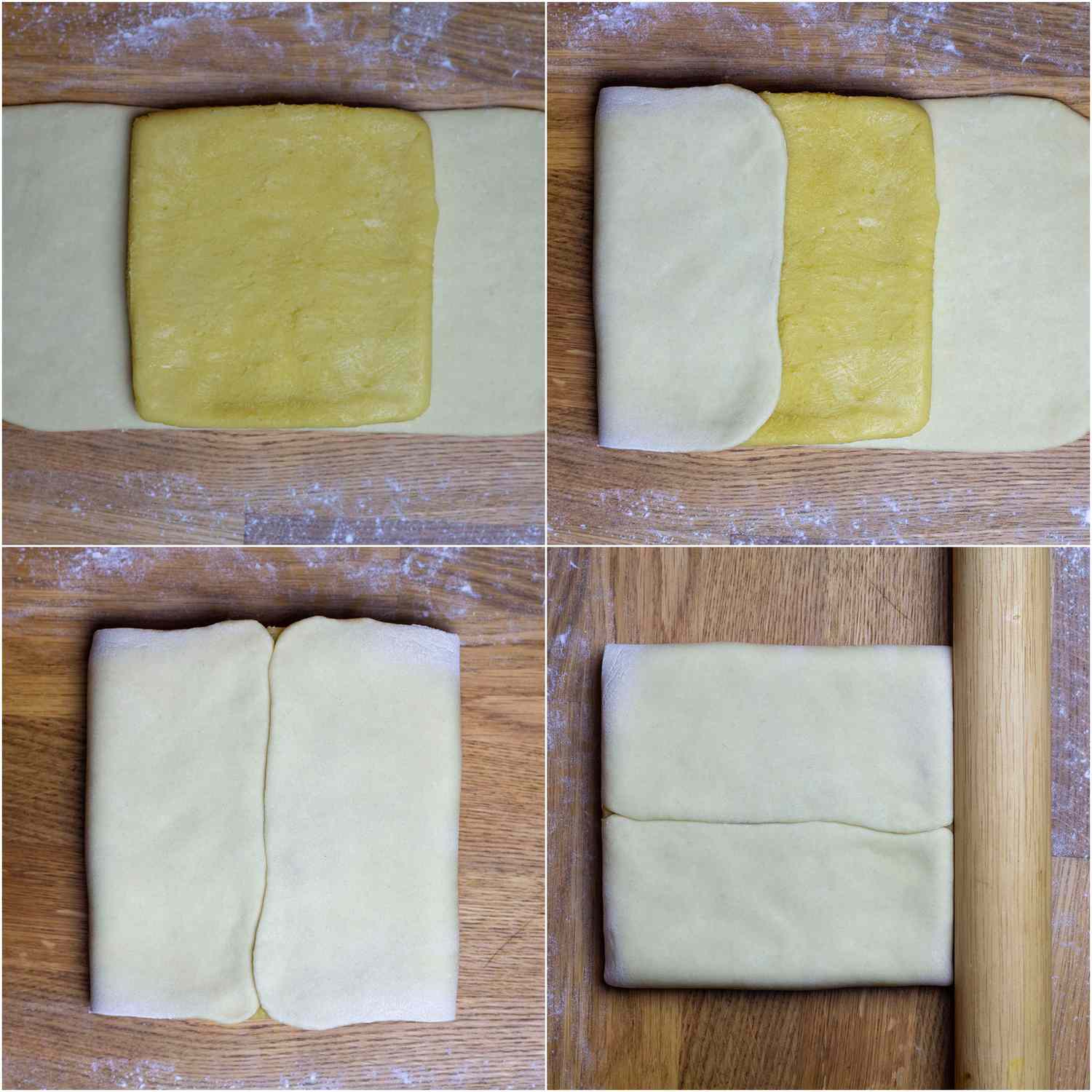 Collage of steps for encasing butter block in rolled out dough for Hong Kong egg custard tarts