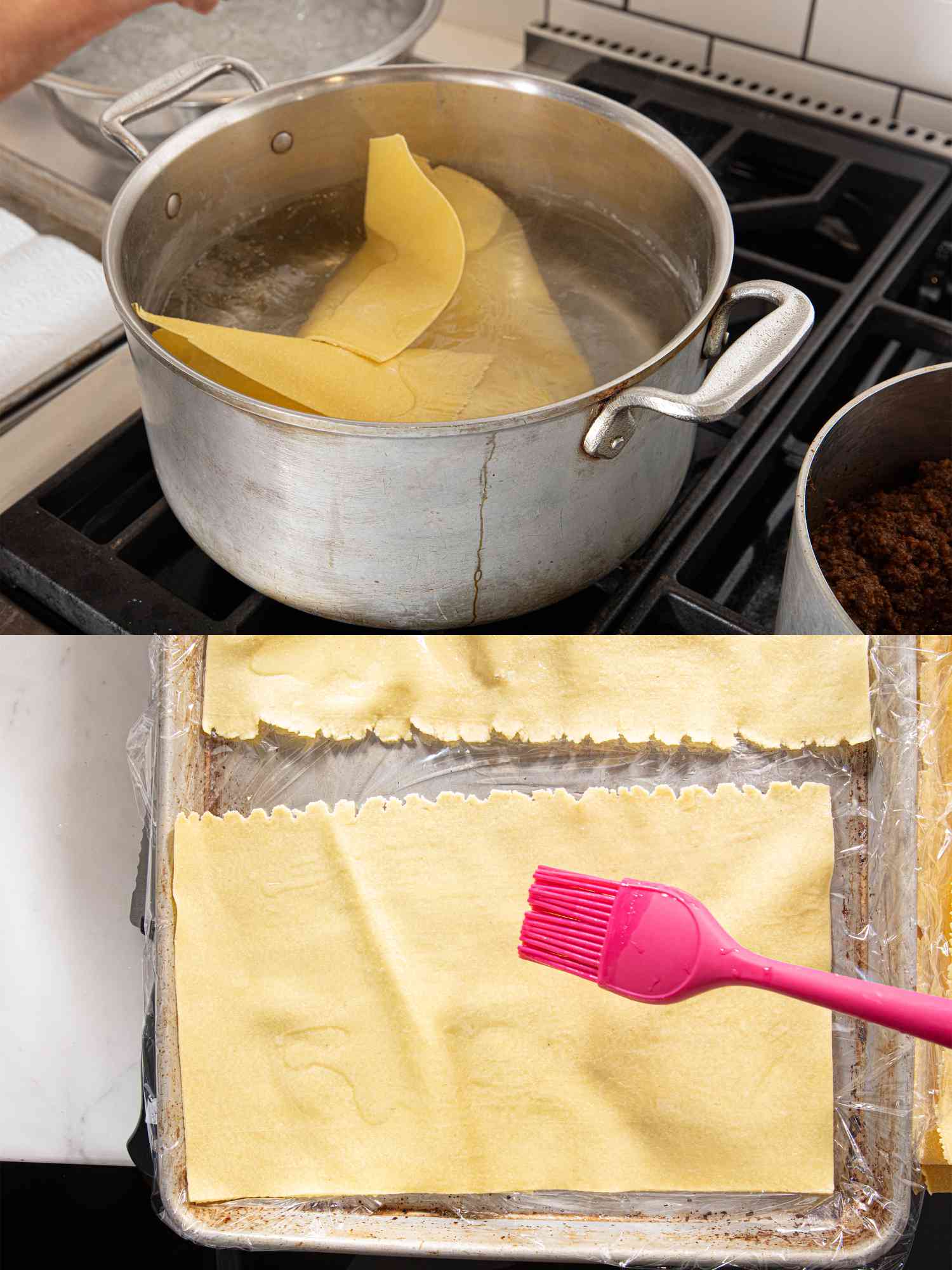 Overhead view of lasagna cooking and brushing with oil
