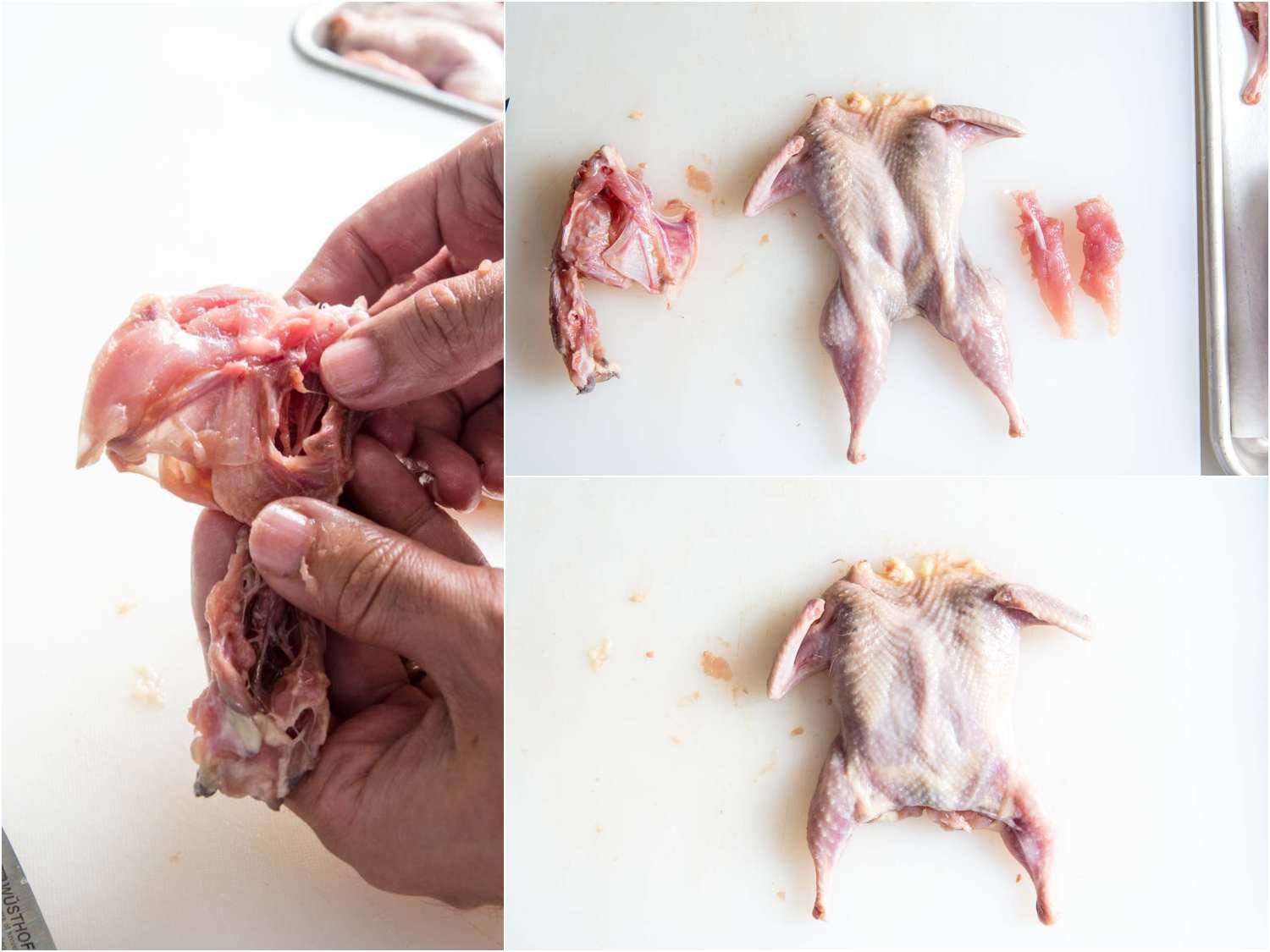 Collage of harvesting fillets from quail breast as part of the deboning process.
