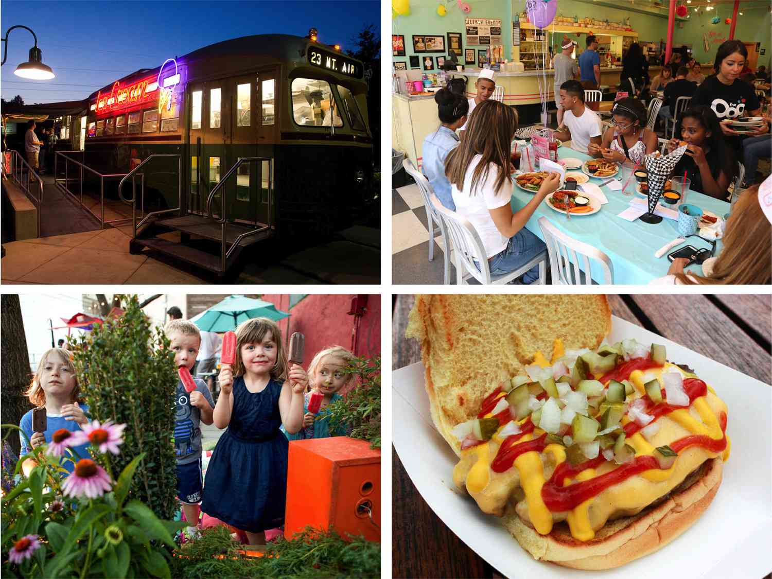 Photo collage showing family-friendly restaurants in Philadelphia.