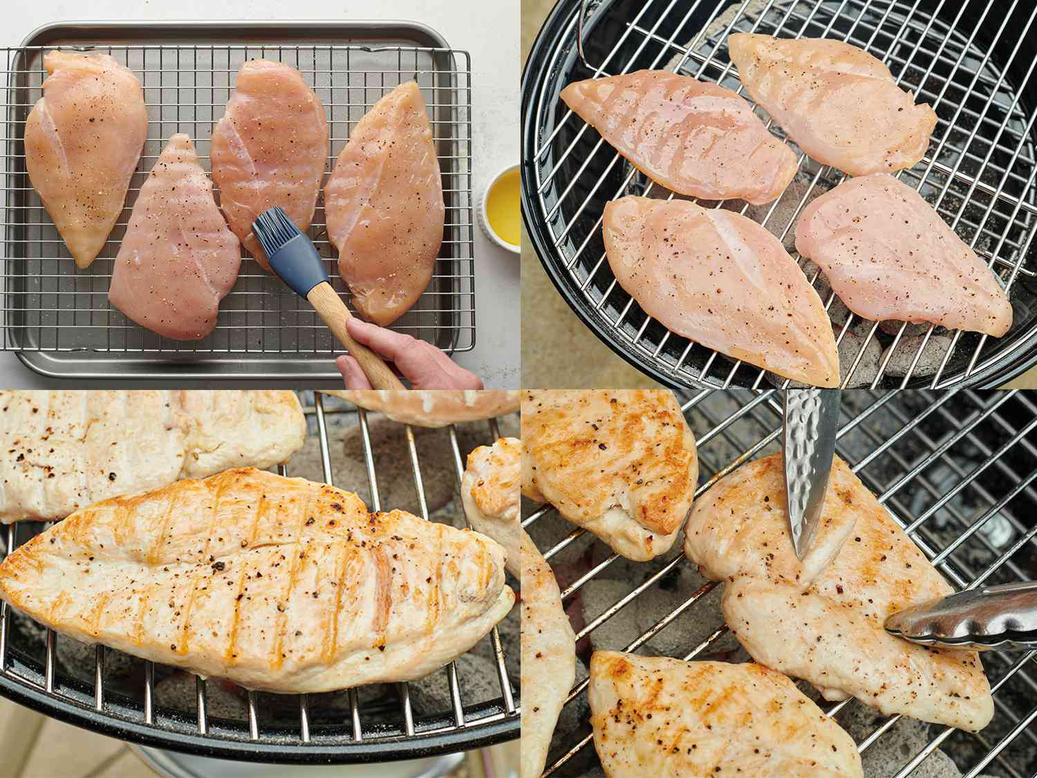 A four-image collage. The top left image shows the dry-brined boneless, skinless chicken breasts being rubbed with oil by a silicon brush. The top right image shows the oiled chicken breasts placed on a kettle grill. The bottom left image shows the chicken breasts, now cooked, on the grill. The bottom right image shows one of the chicken breasts being pulled open by a pair of tongs, showing the interior is fully cooked.