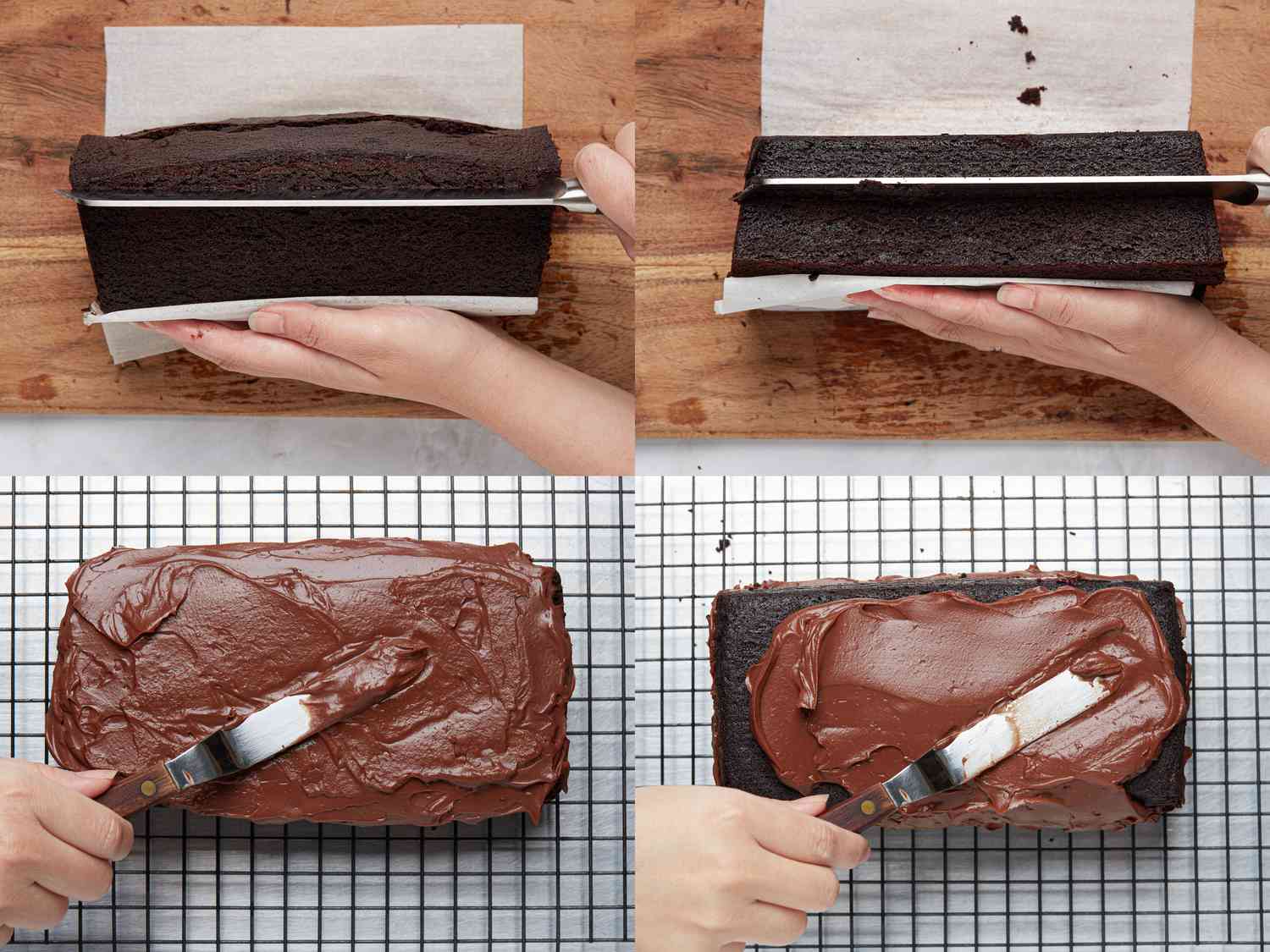 4 image collage. top left: Slicing top layer in parchment paper on wooden surface. Top Right: second layer sliced on parchment paper on wooden board Bottom Left: spreading frosting on one layer of cake. Bottom Right: spreading frosting on top of cake
