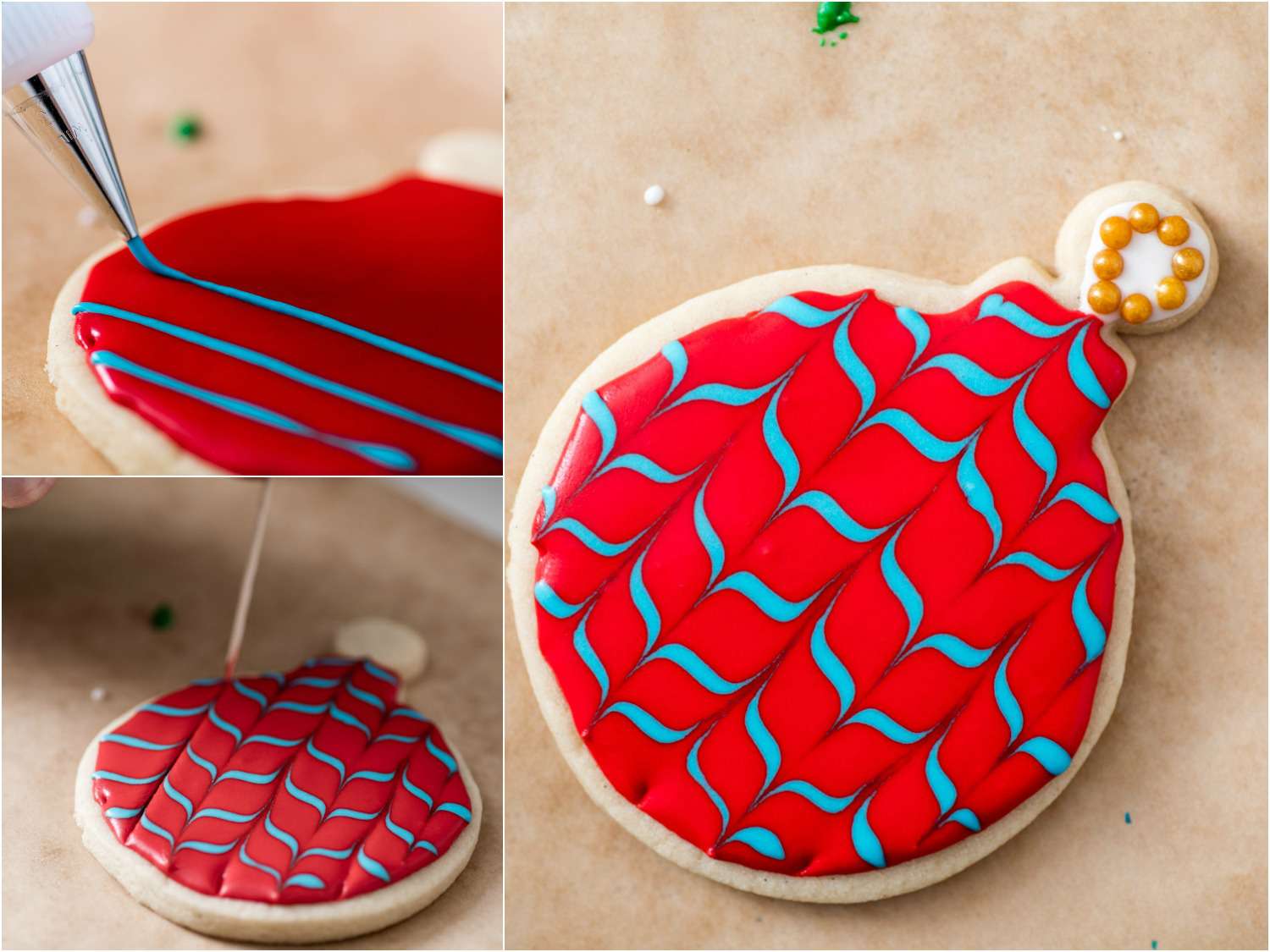 Collage showing a red ornament-shaped cookie being decorated with a blue zigzag pattern.