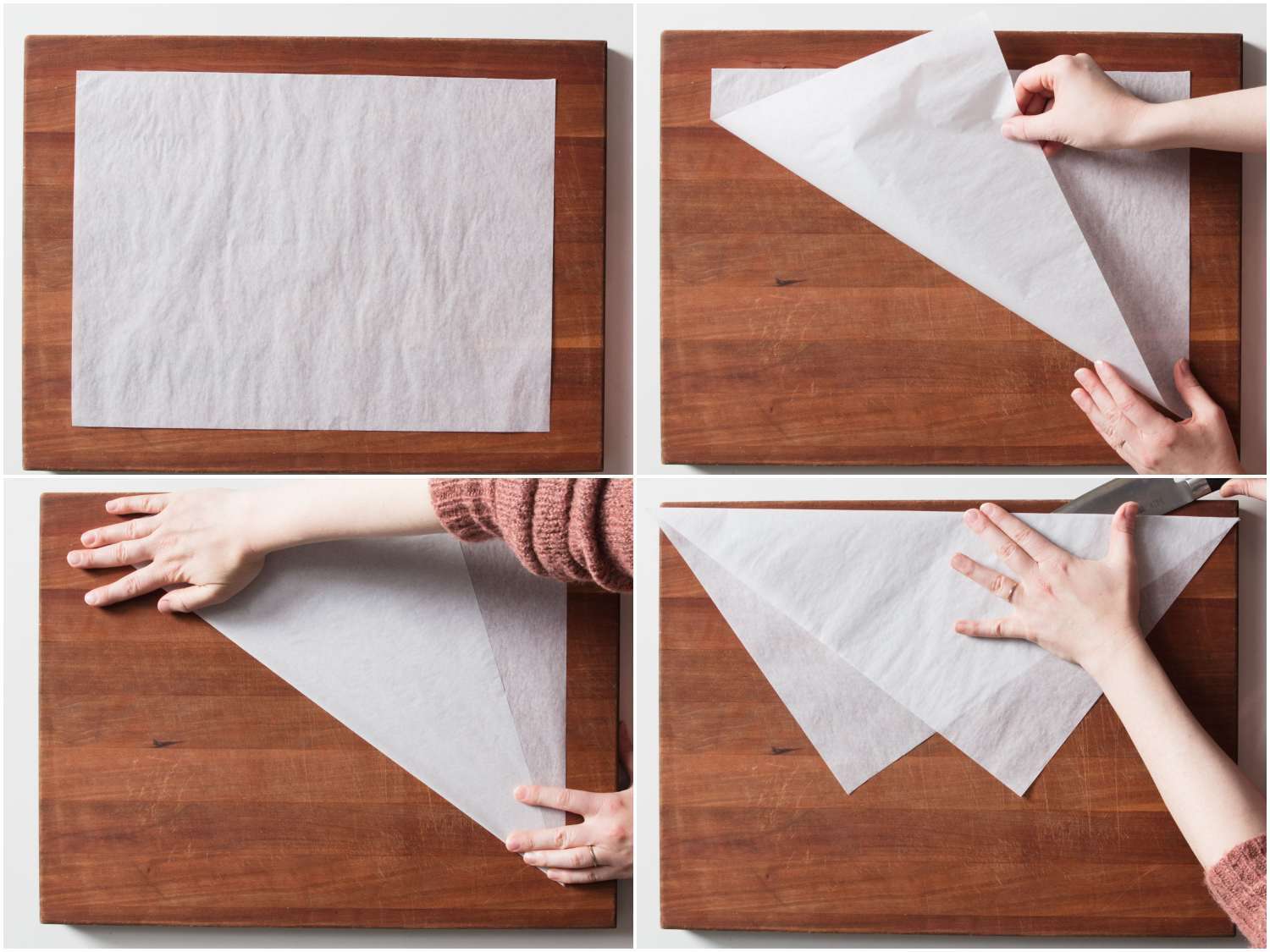 A four-image collage showing how to fold the parchment for a piping bag.