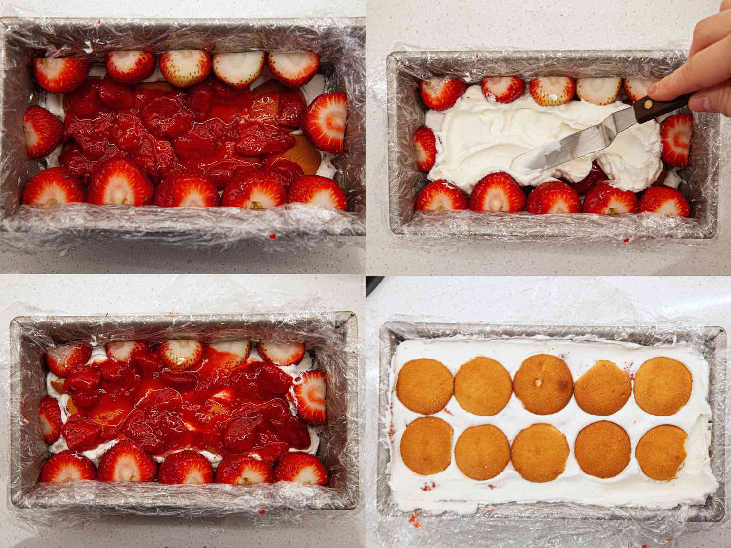 Four image collage of assembling cake