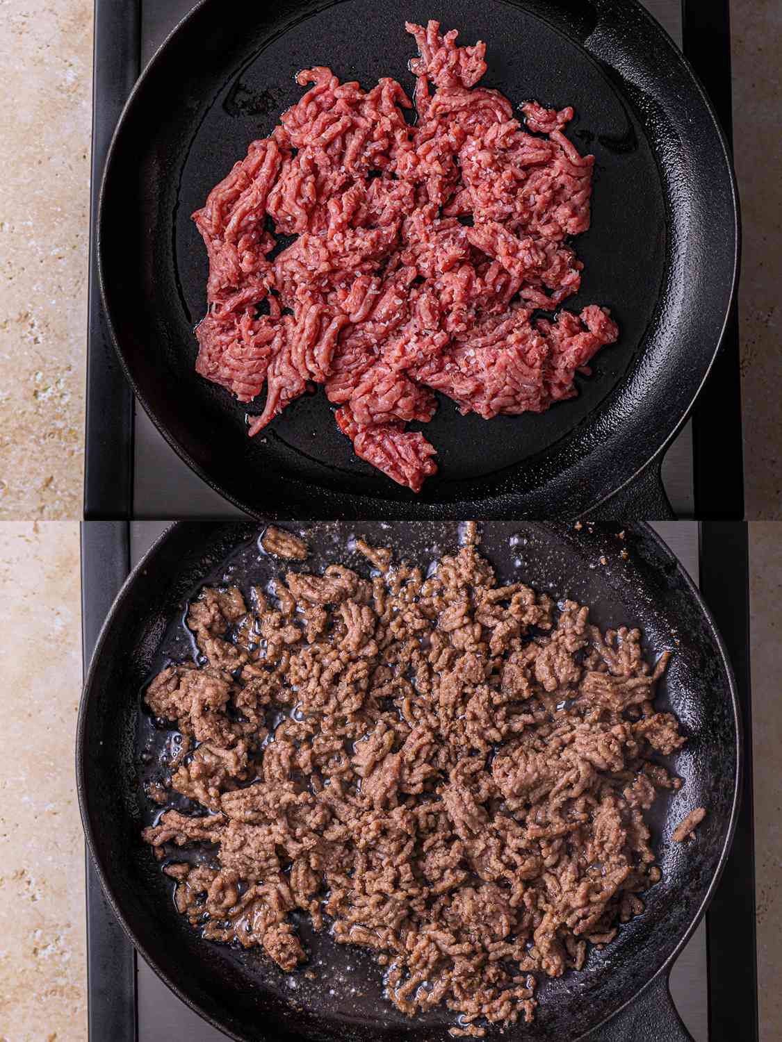 Meat cooking in a skillet.