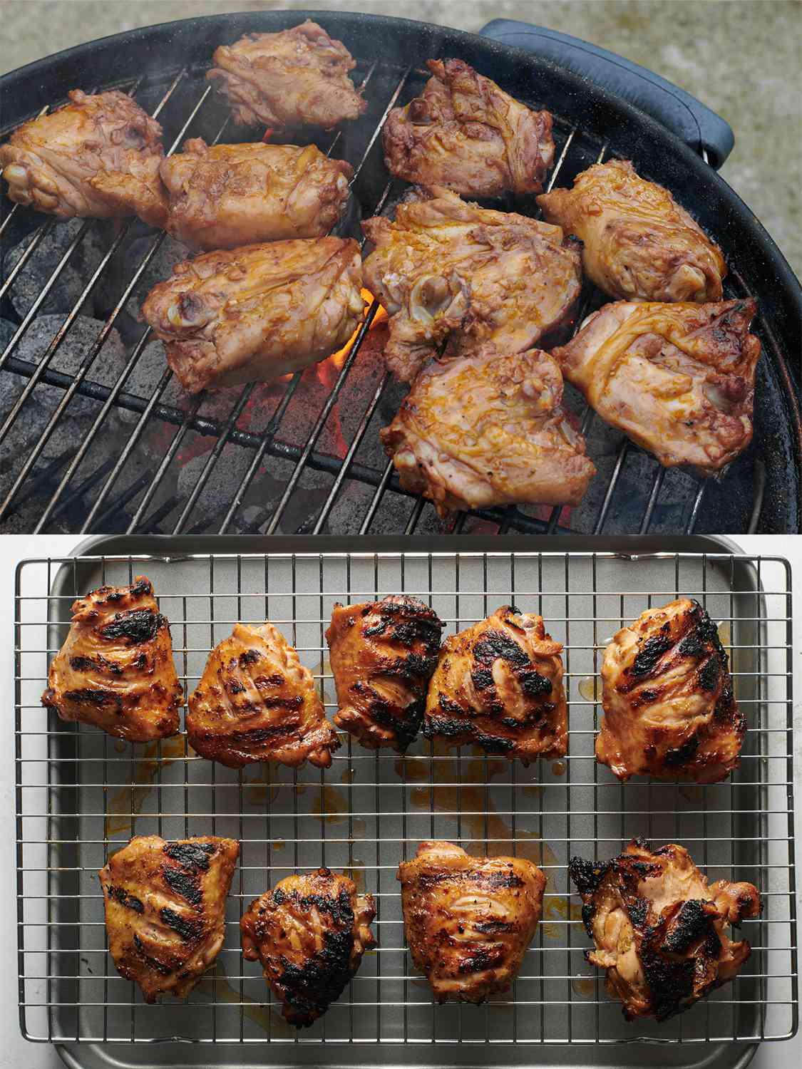 Two Step Collage. Top: Chicken transferred to hot part of the grill. Bottom: Grilled Chicken resting on a wire rack over a baking sheet