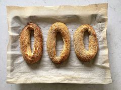 Overhead view of 3 cooked ka'ak al quds 