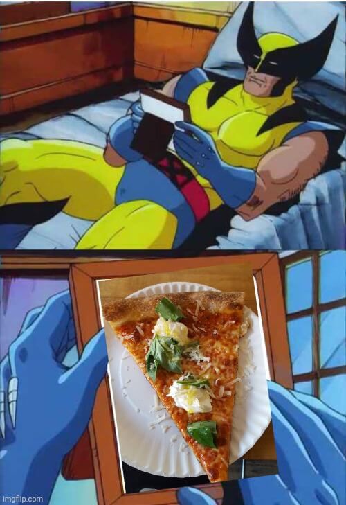 Wolverine on the bed meme with him looking at a slice of pizza from L'industrie