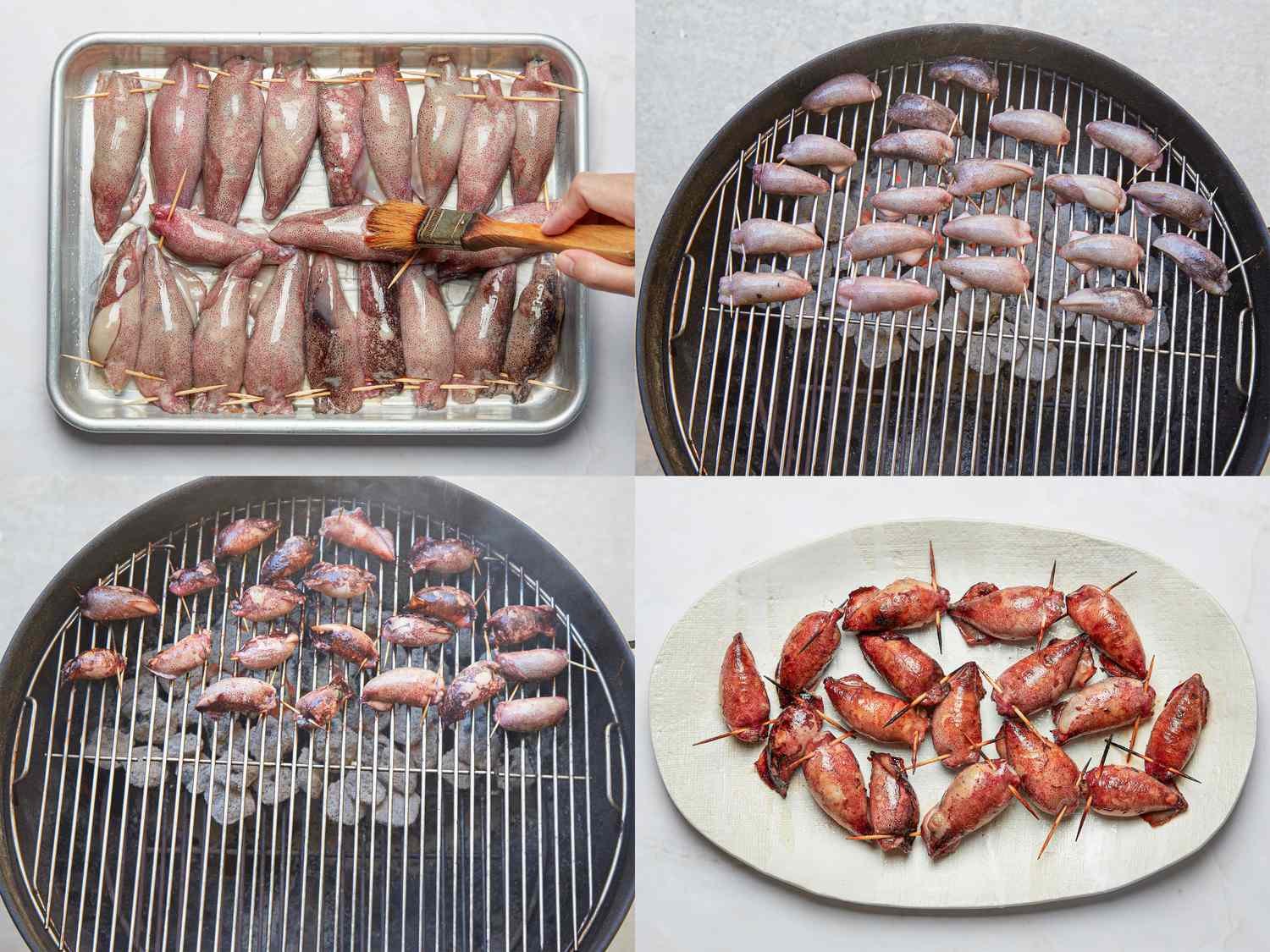 Steps to prepare and grill stuffed squid displayed in four stages from raw preparation to grilling and plated presentation