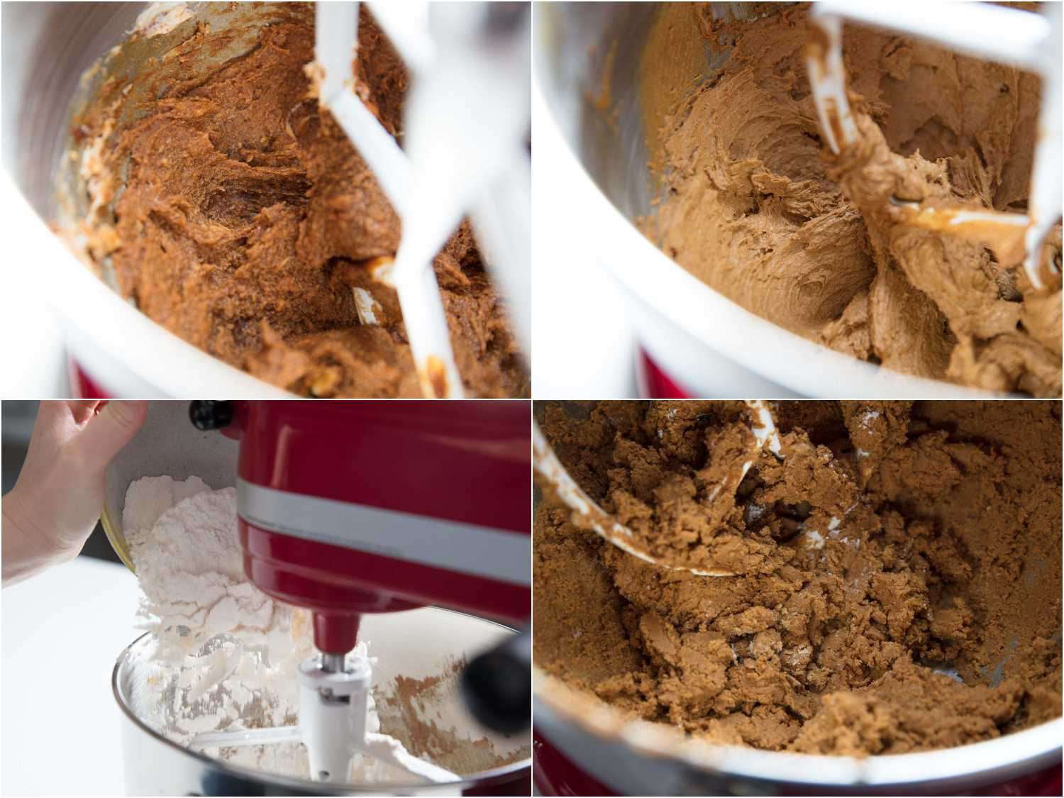 Adding flour to creamed butter and sugar.