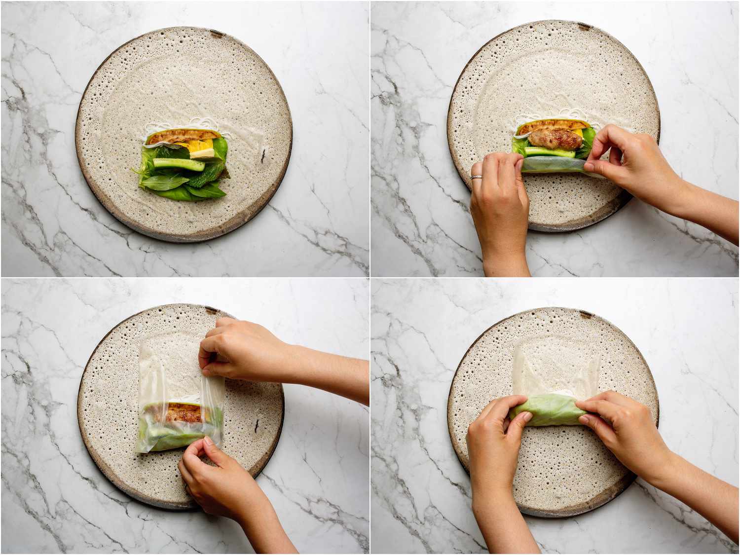 Collage showing wrapping procedure for nem lui hue