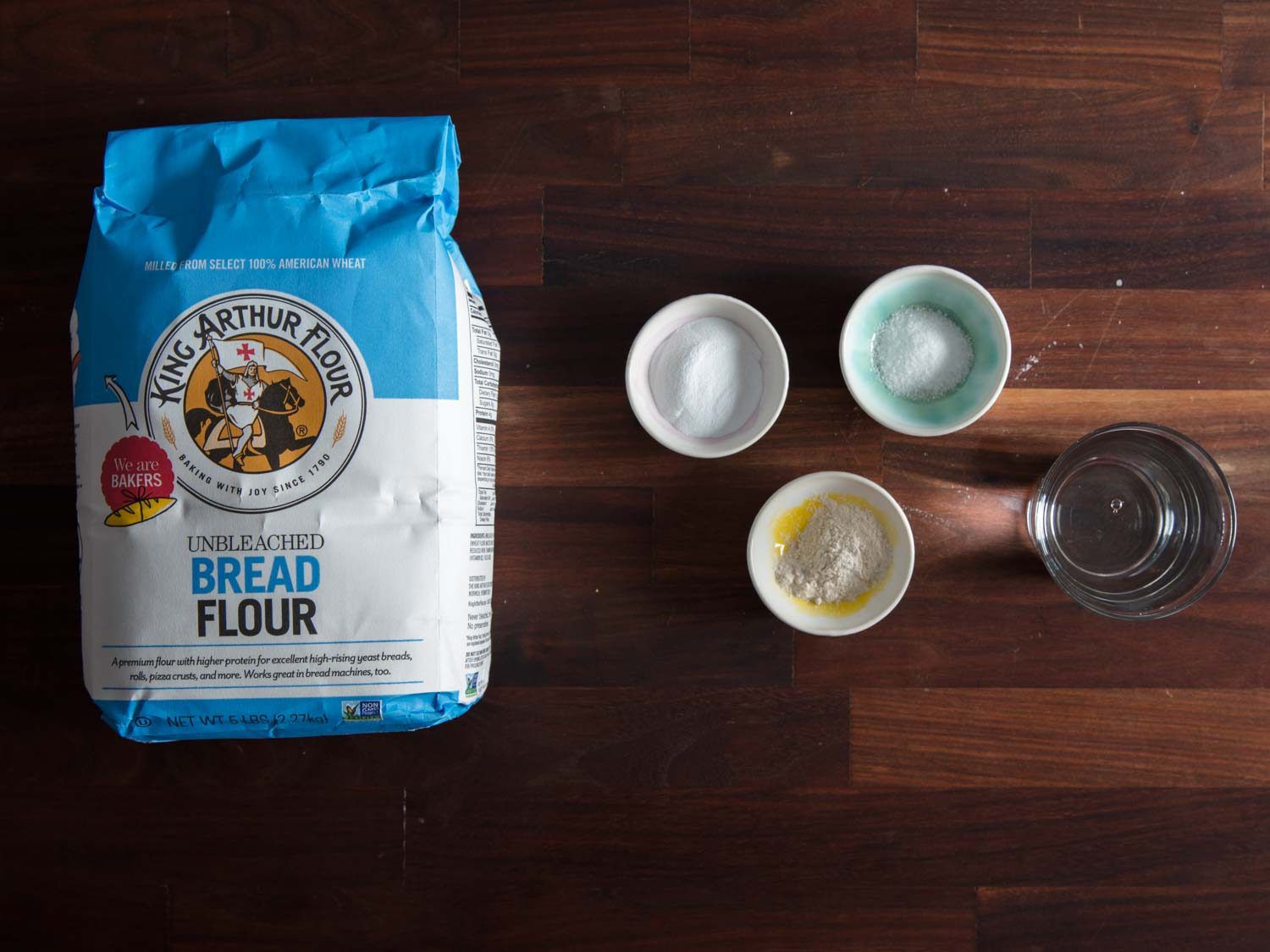 Ingredients for homemade alkaline noodles: King Arthur bread flour, baked baking soda, salt, vital wheat gluten, water