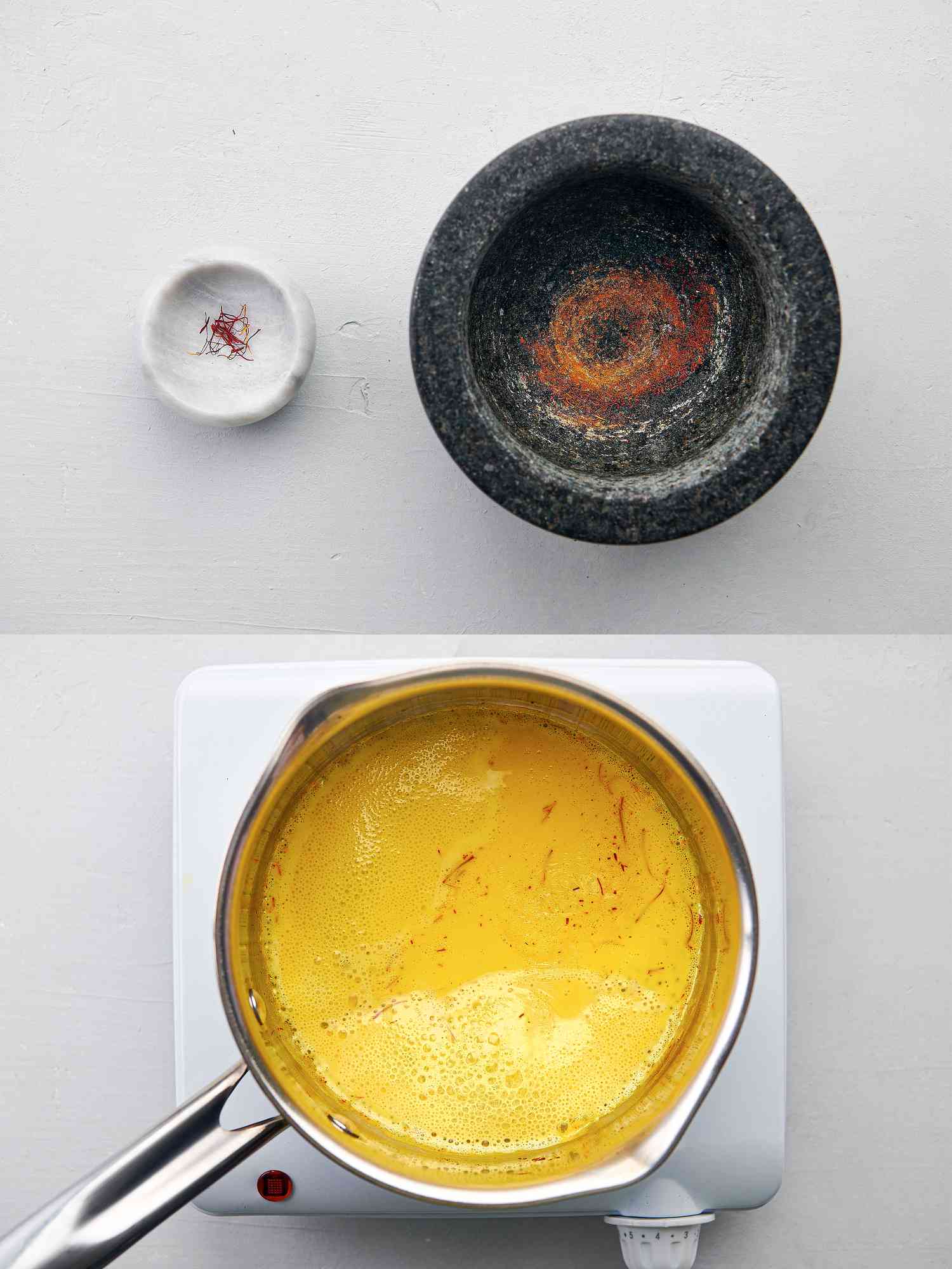 Two image collage of saffron in a mortar and pestle and being added to a pot of milk.