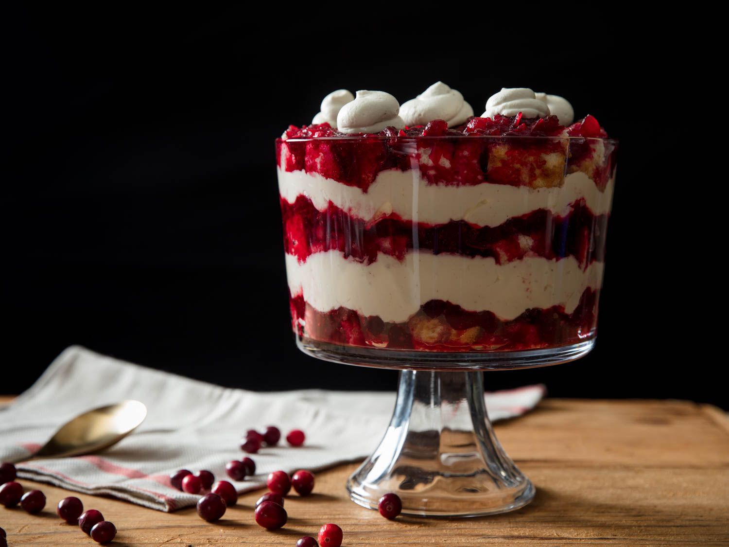 Profile view of a cranberry trifle.
