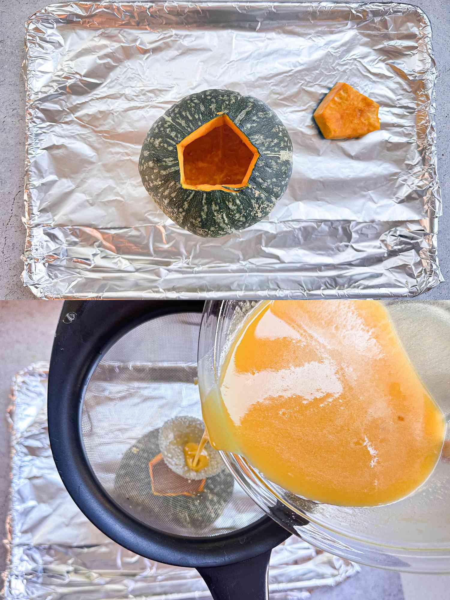 2 image collage. Top: hollow pumpkin on a foil lined baking sheet. Bottom: custard pouring into the pumpkin through a fine meshed strainer