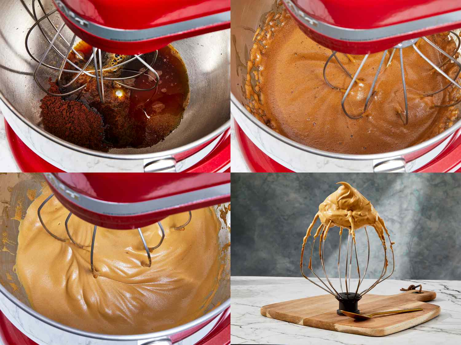 Four Image Collage of whisking coffee mixture until fluffy foam forms 