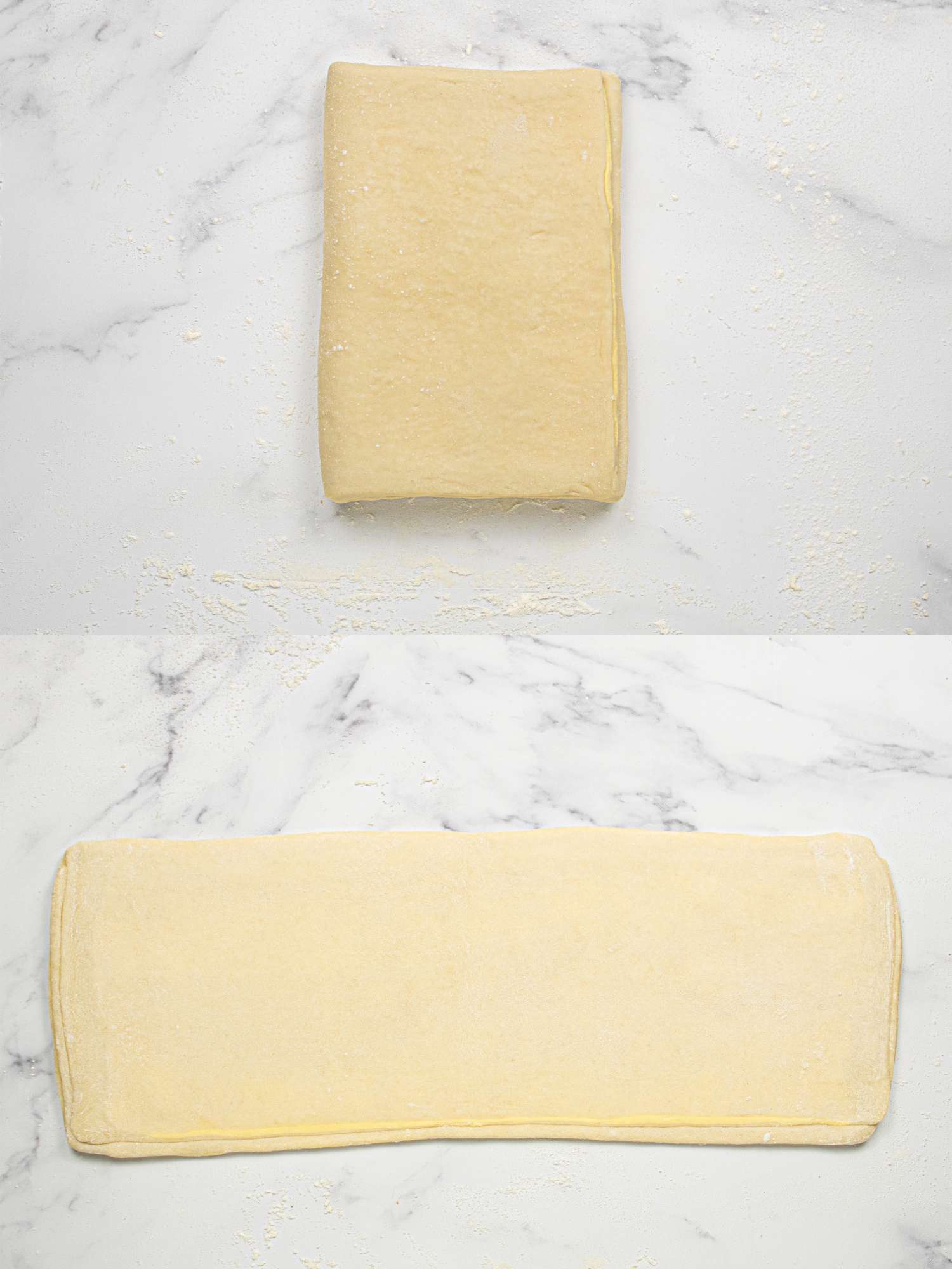 Step of croissant dough preparation shown as folded and unfolded layers