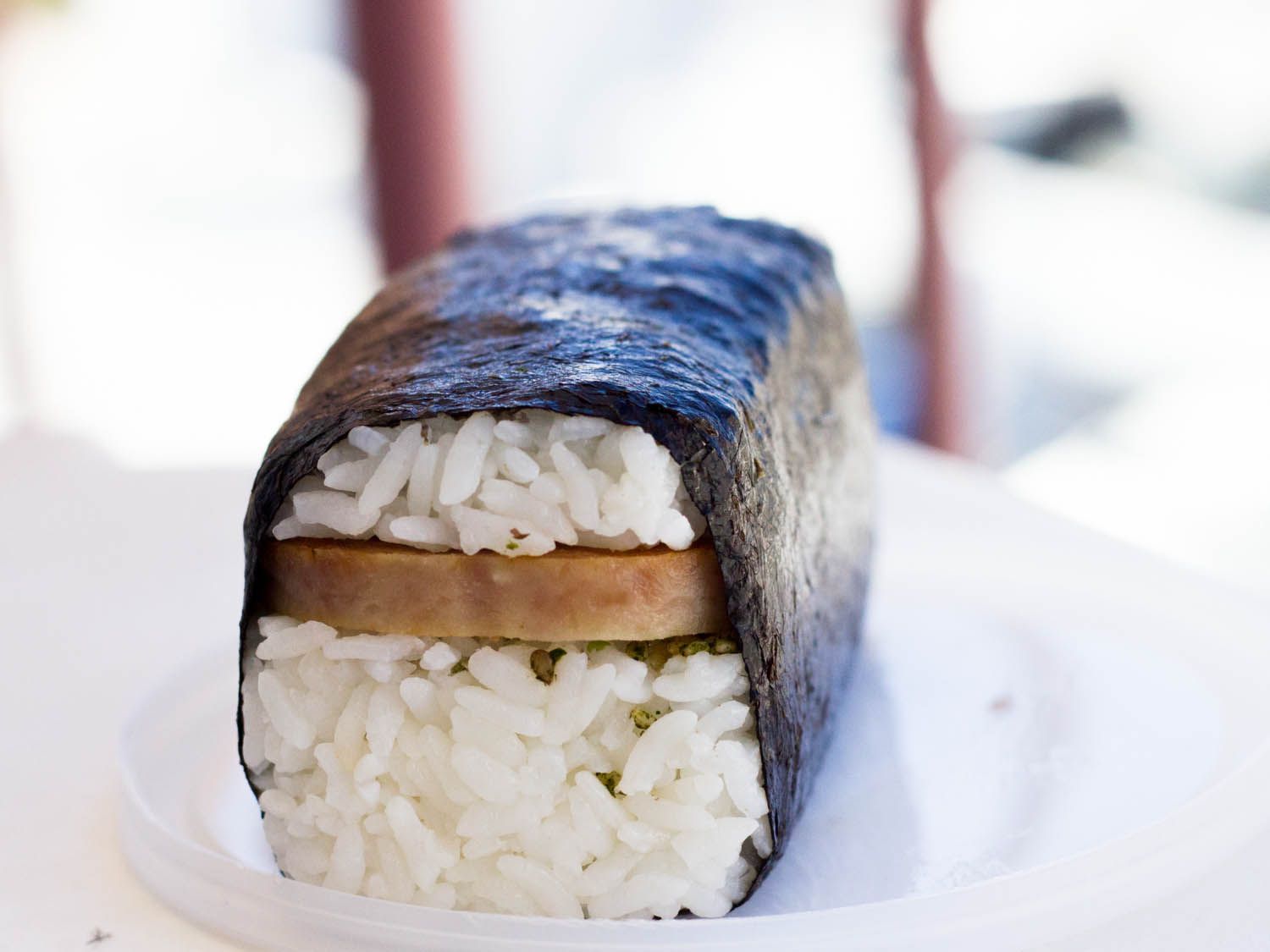Closeup of Spam musubi.