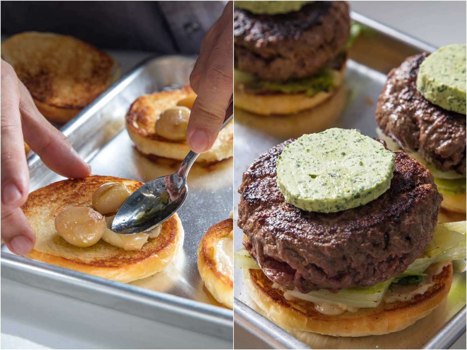 Smearing garlic confit onto burger bun, then assembling burger