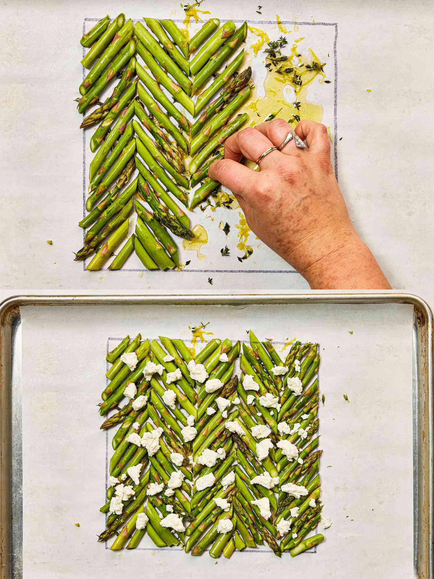 Two image collage of arranging asparagus in chervon pattern and topping with cheese