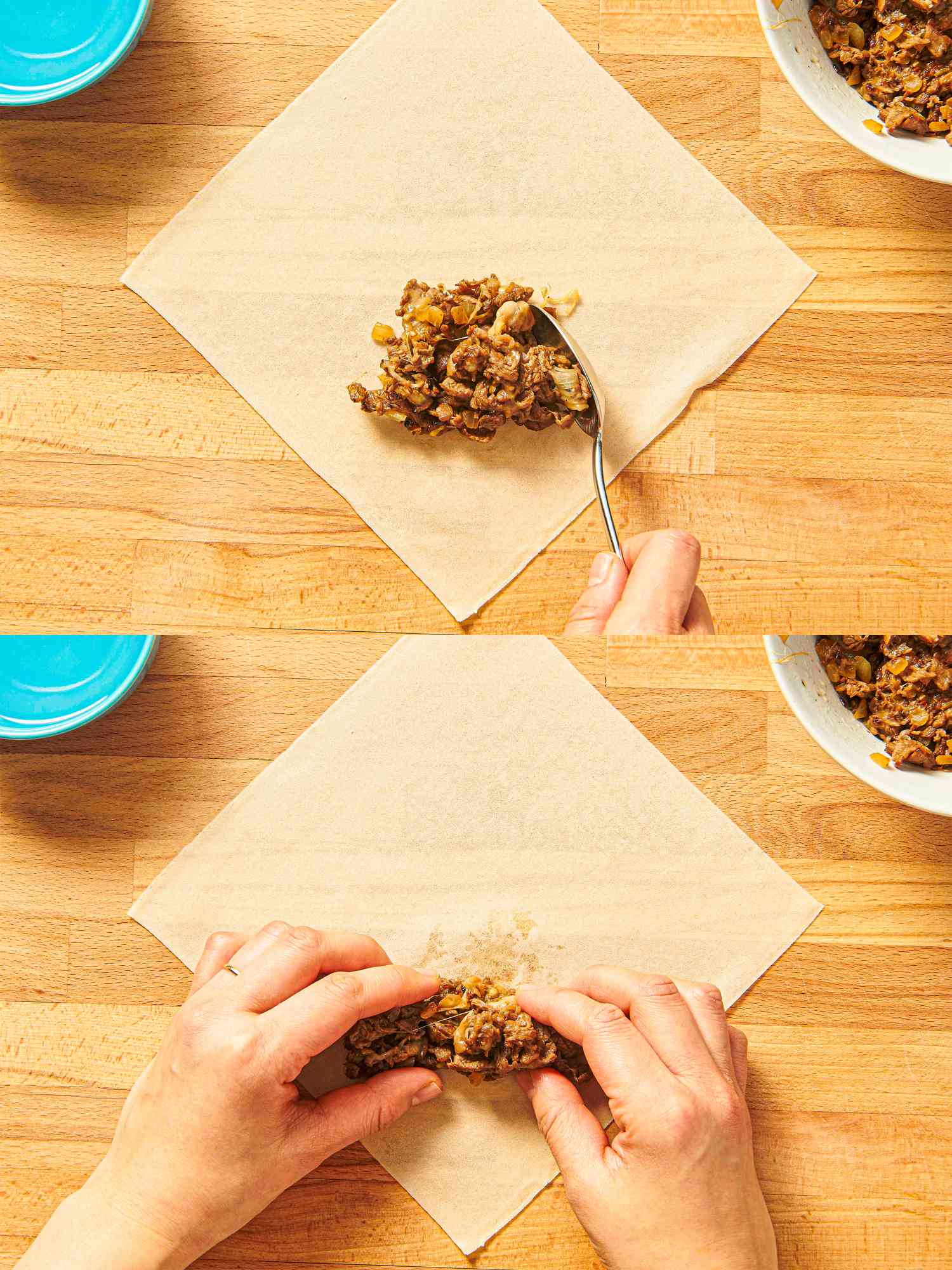 Two image collage of adding meat to egg roll shell 