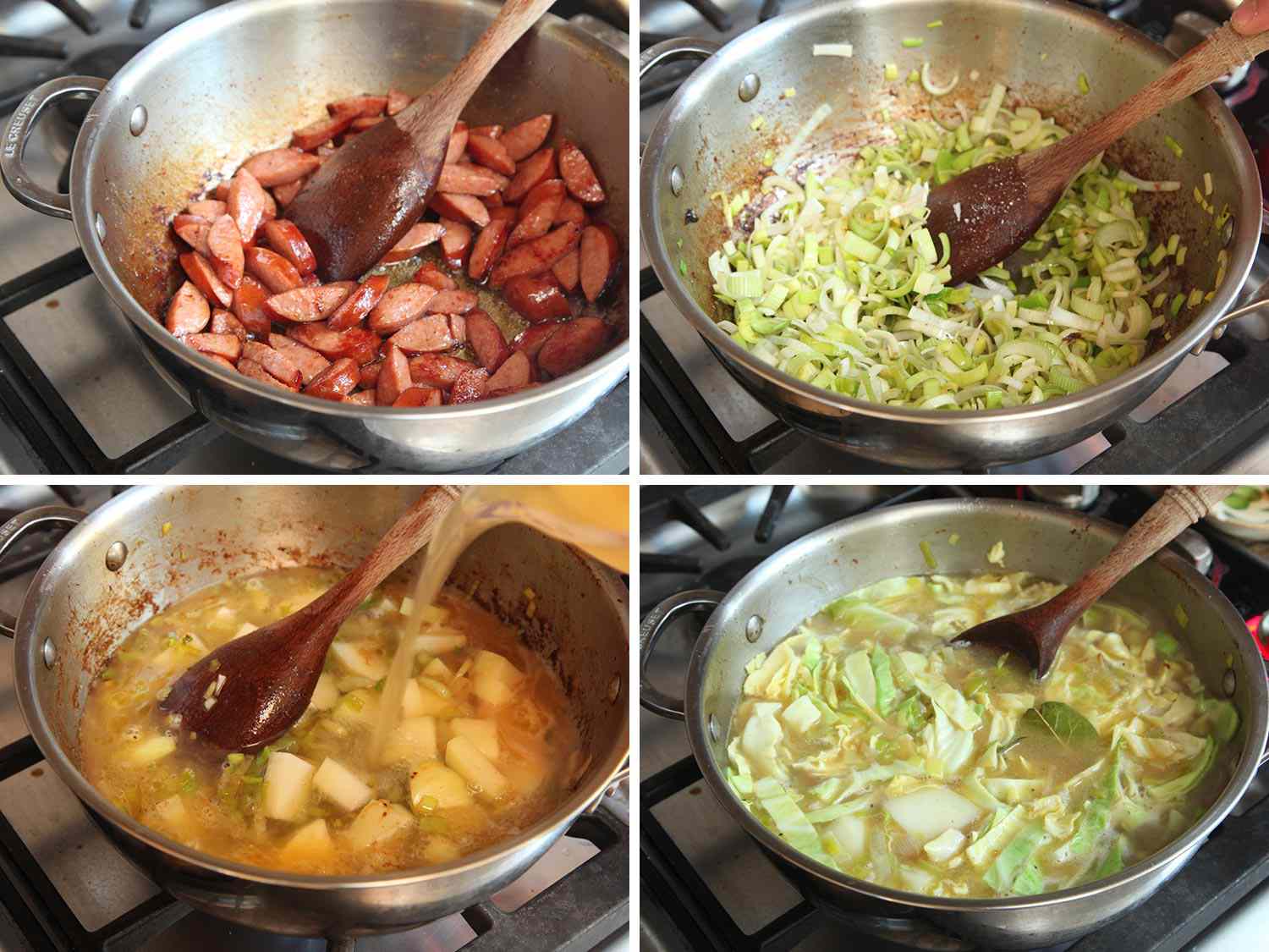 Collage of sausage and and cabbage being cooked in broth for kapusniak soup