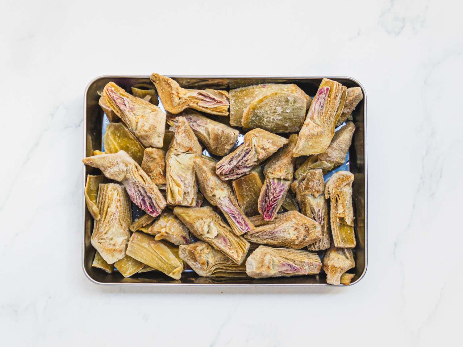 Overhead view of frozen arthichokes