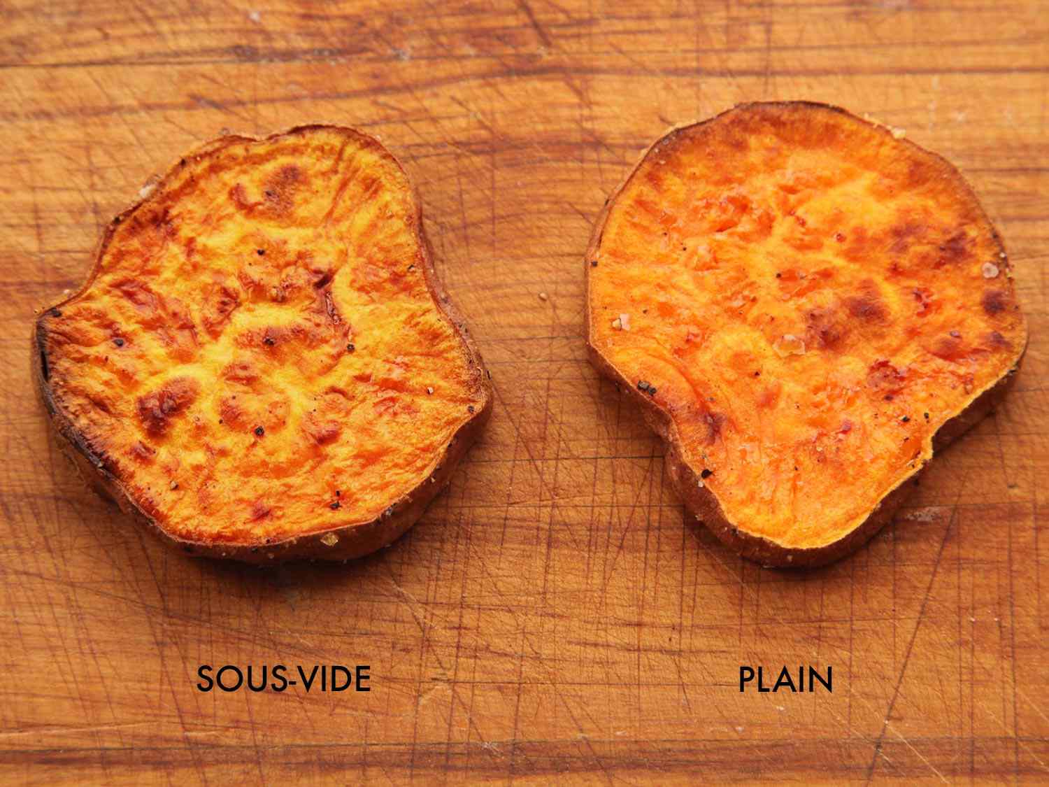 Side by side slices of roasted sweet potatoes
