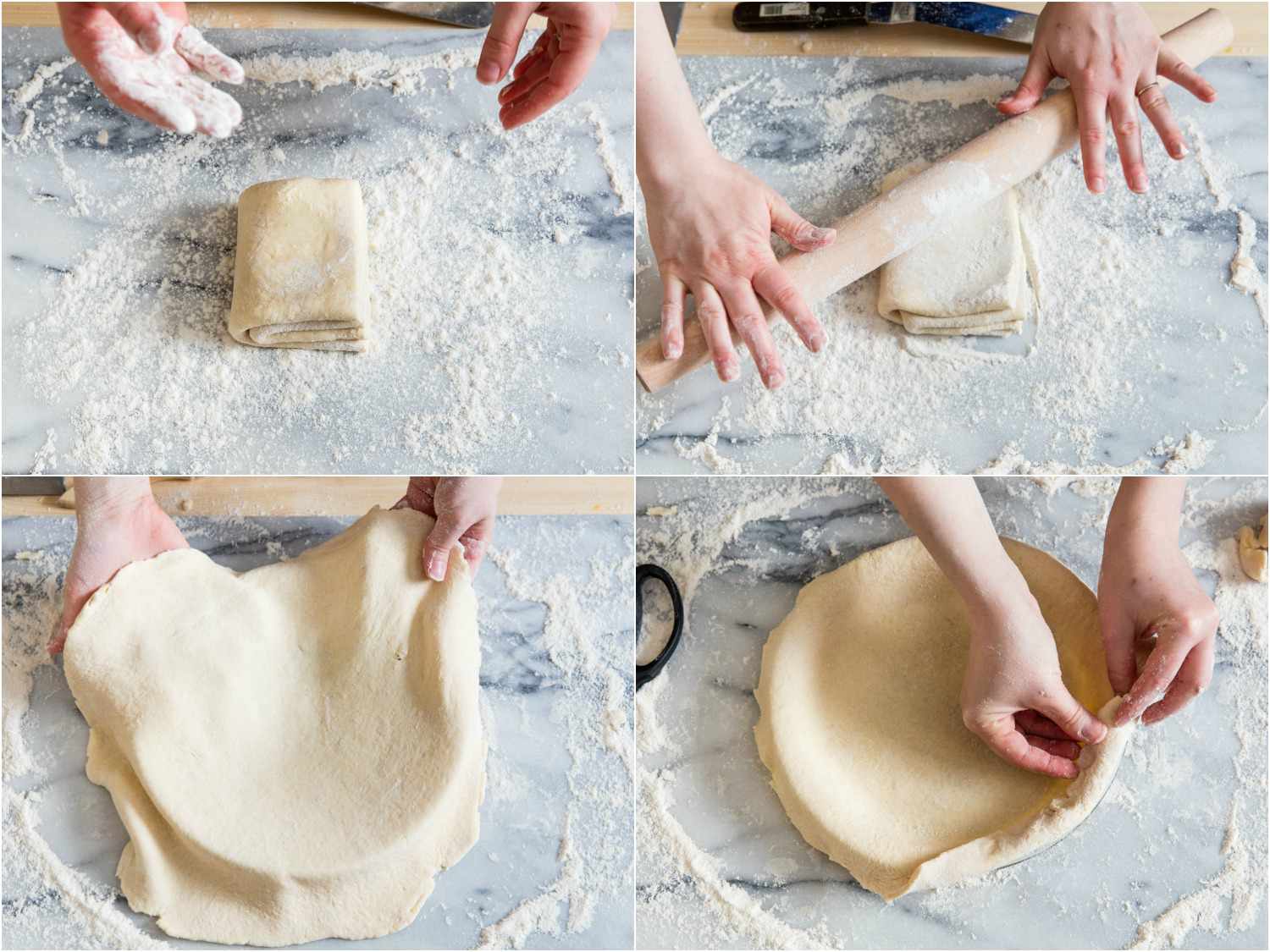 A four image collage. The top left shows a block of layered dough. The top right shows the layered dough being rolled out flat. The bottom left shows the flat dough being draped over a pie plate. The bottom right shows hands crimping the crust edges.
