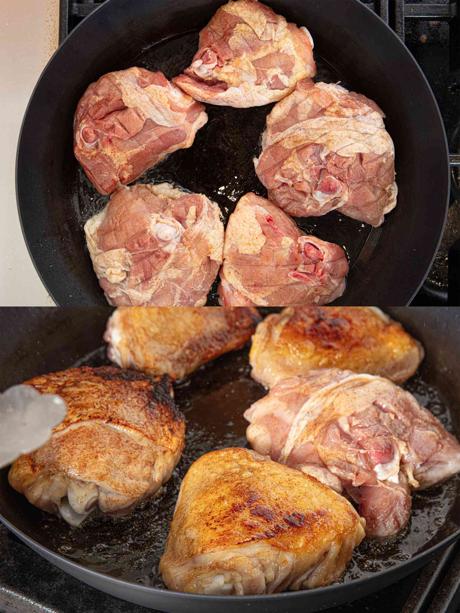 Two image collage of cooking chicken