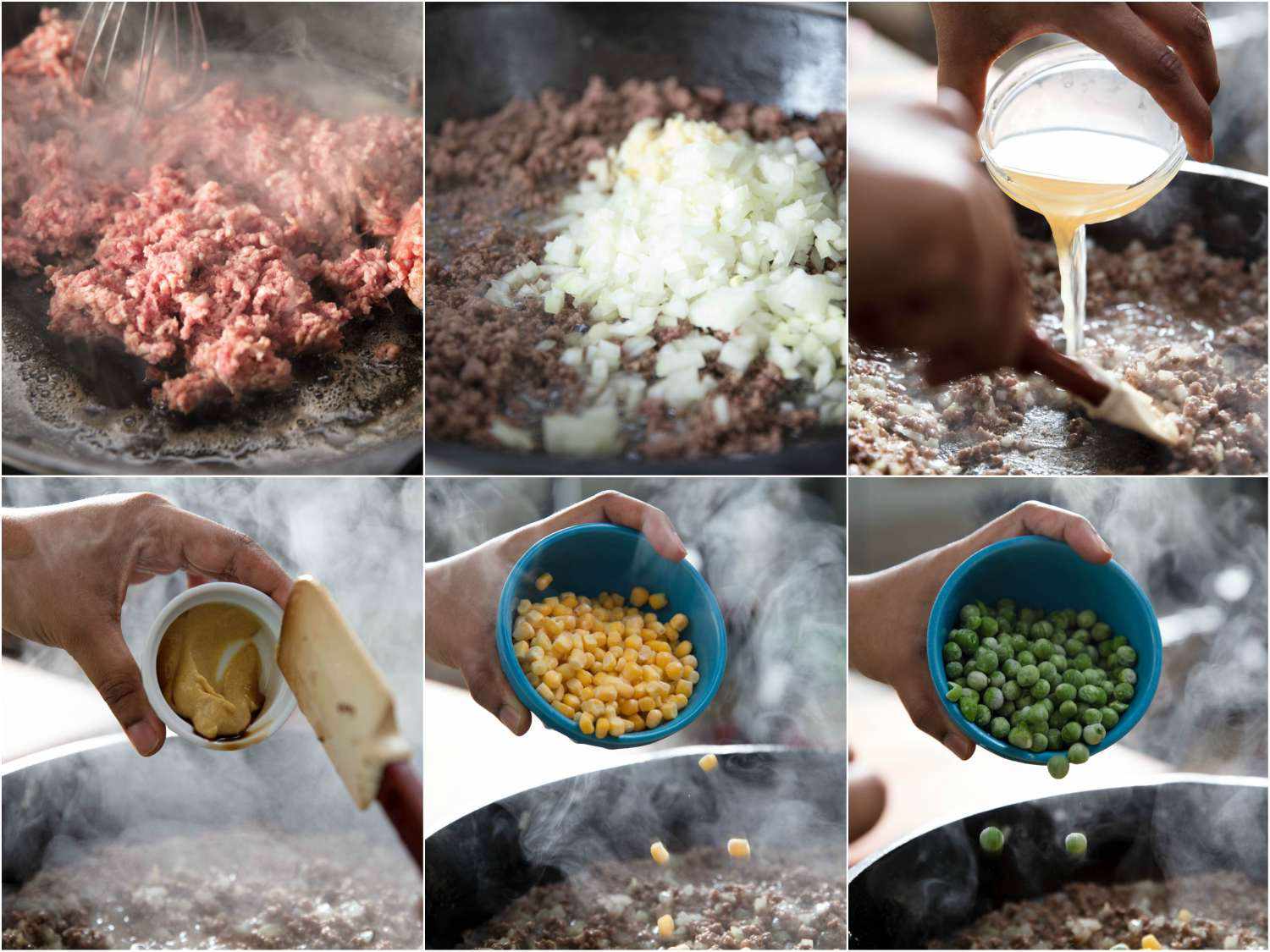 Collage of cooking ground beef, round beef mixture, chicken stock, Dijon, corn, and peas.