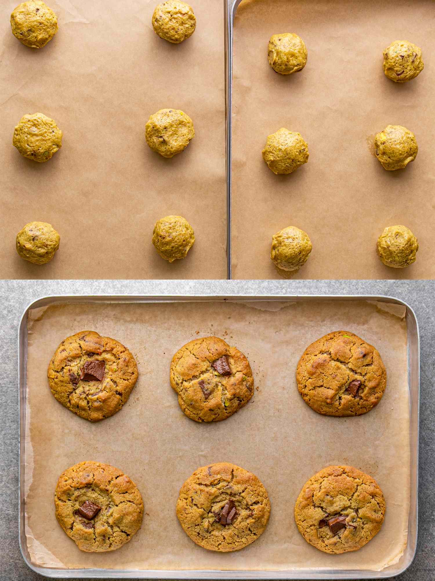 Unbaked and baked cookies on baking sheets arranged in two rows