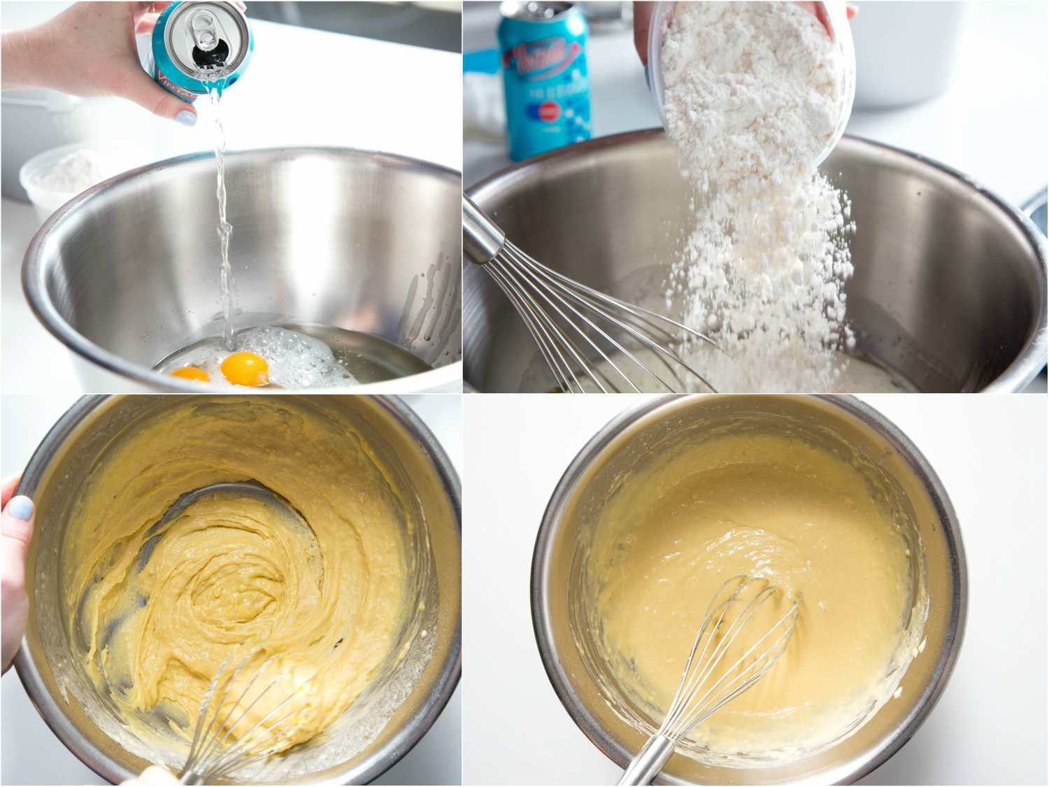 A collage: adding club soda and flour into a mixture of egg yolk and oil, whisking until homogeneous. 