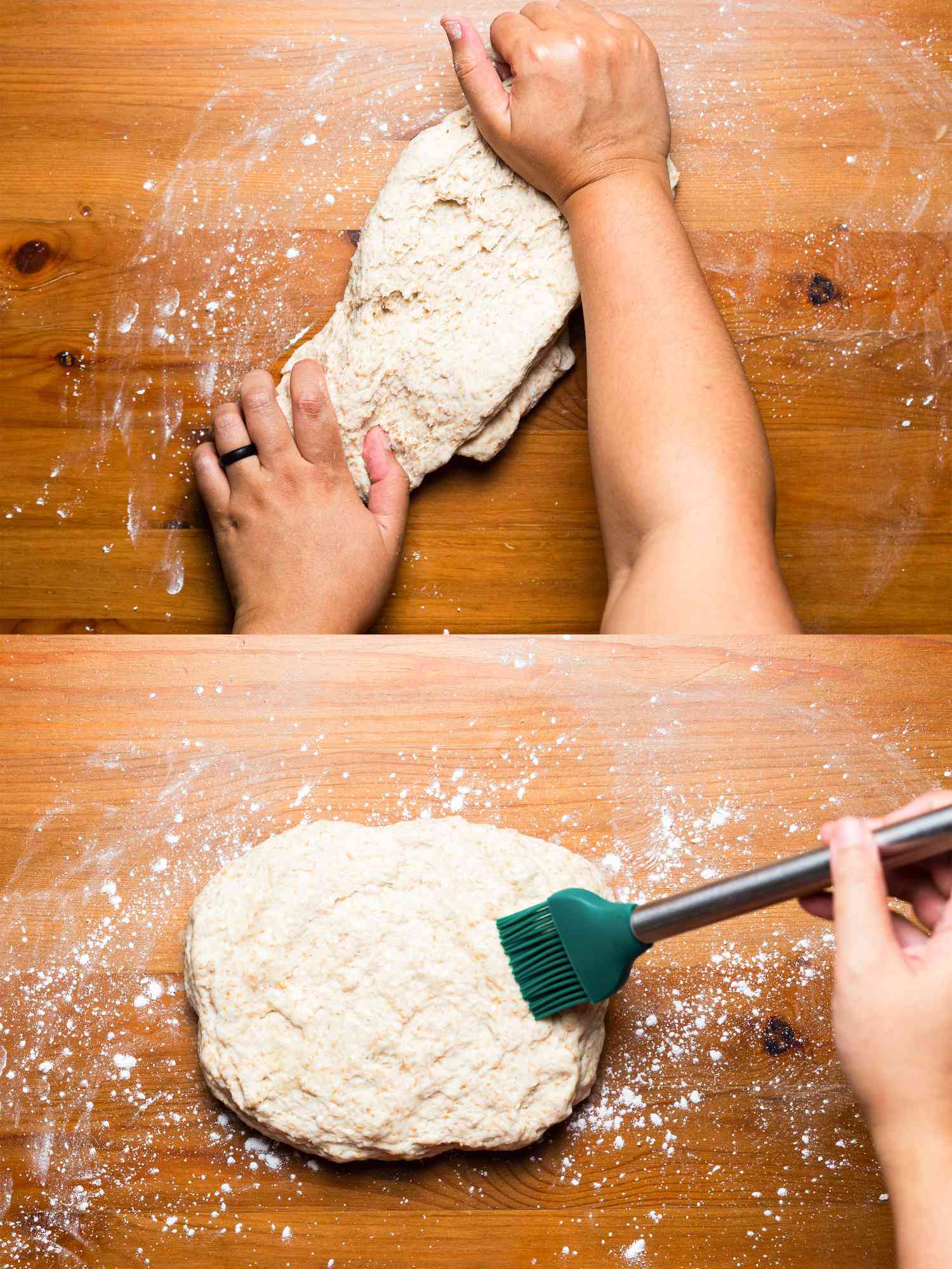 Two image collage of stretching dough and adding oil